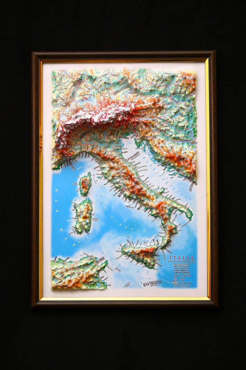 Italy Map 3D Raised Relief Framed Map Amazing Decorative Bird's-Eye View