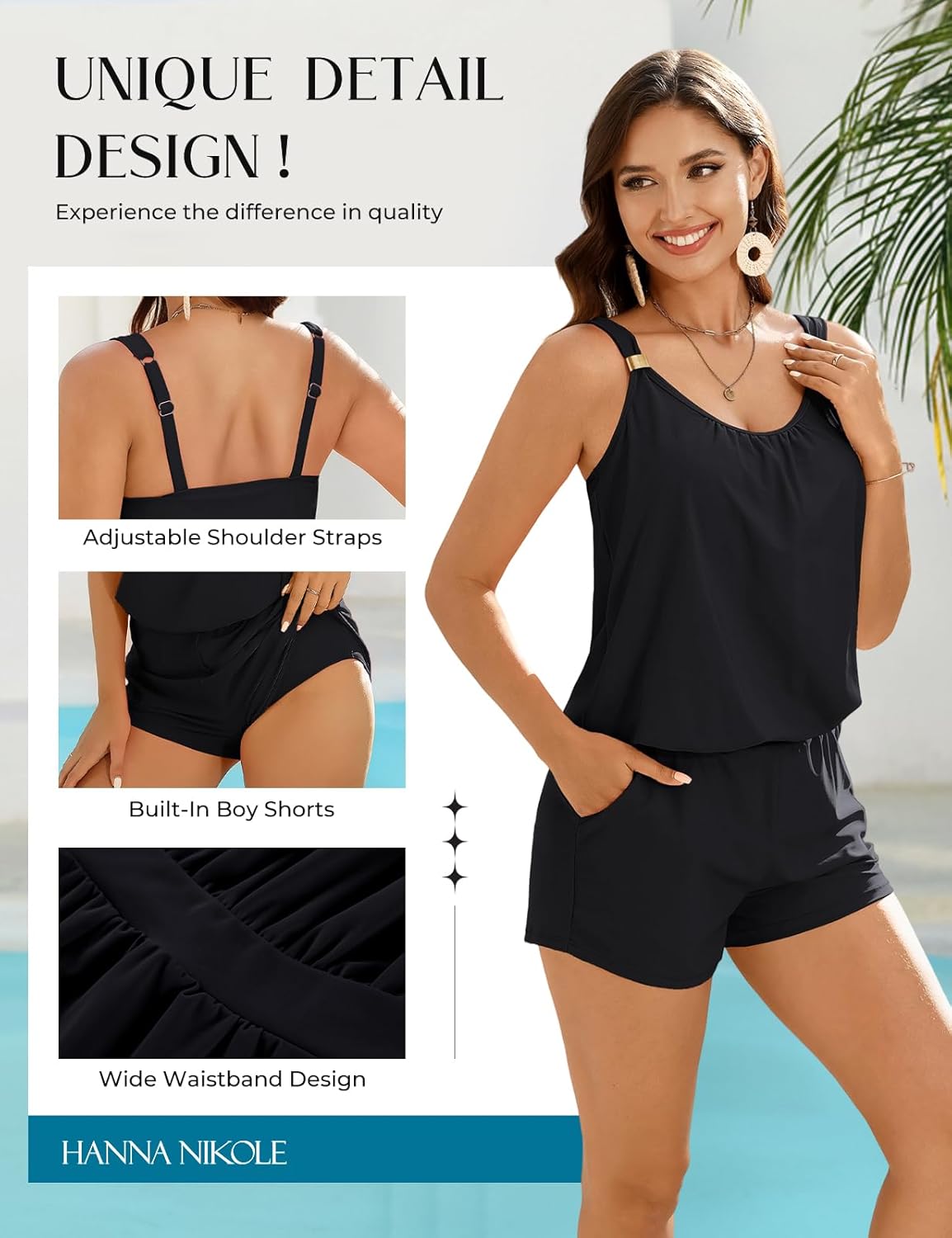 Hanna Nikole Romper One Piece Swimsuits with Short for Women, Boyleg Bathing Suit with Pockets Modest Swimwear