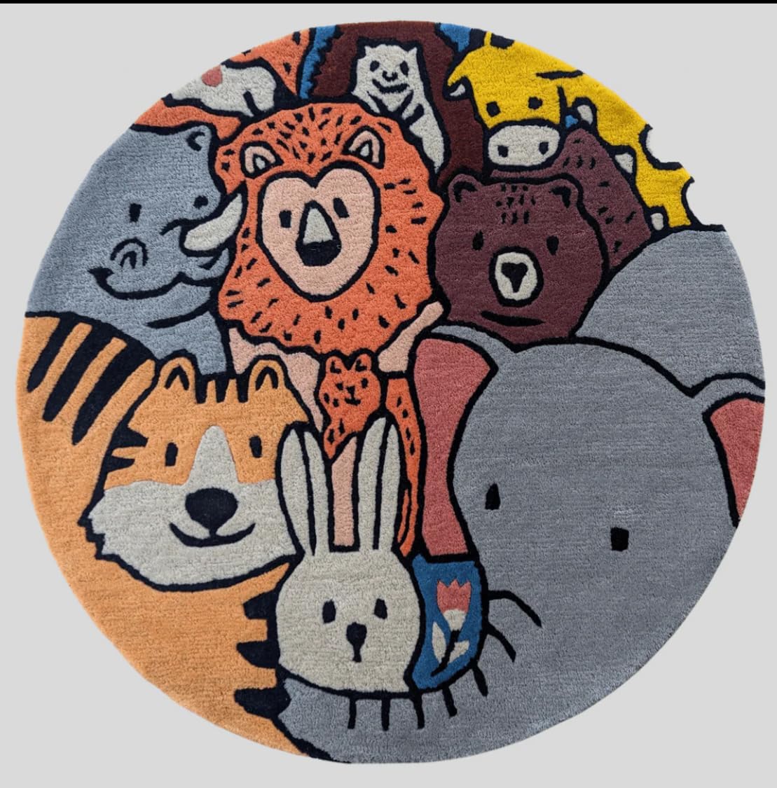 Round Kids Rug with Animal Design, Cartoon Safari Theme, Nursery Playroom Decor, Soft Play Mat