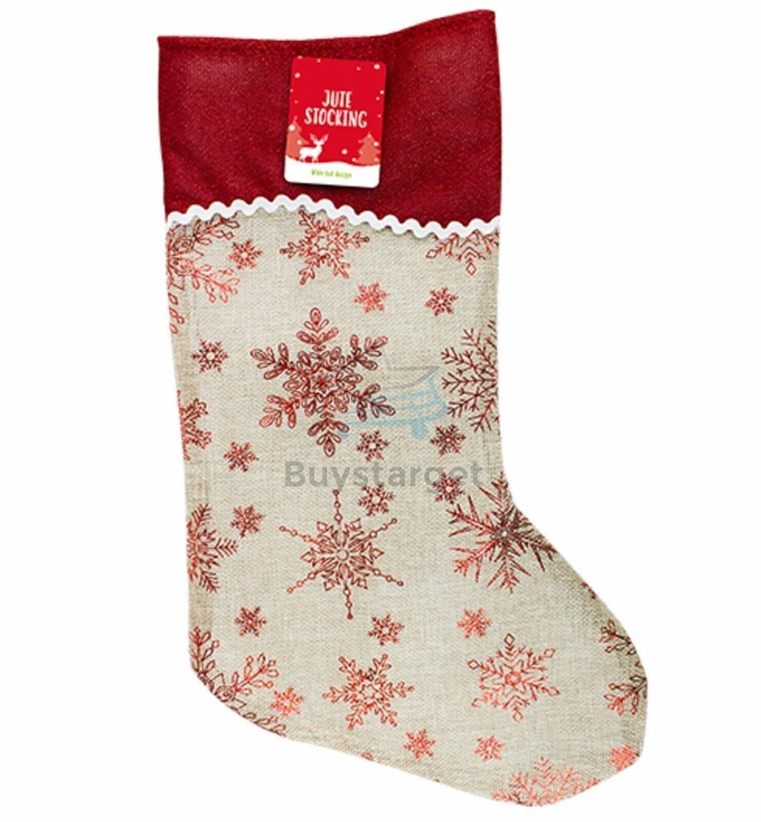 Buystarget 3x Large Christmas Hessian Jute Stocking Printed Foil Santa Sack Stockings Xmas Pattern Burlap Linen Sock Hanging Bags Gift Filler Home Decorations-Snowflake, Jute, 25 x 45 cm