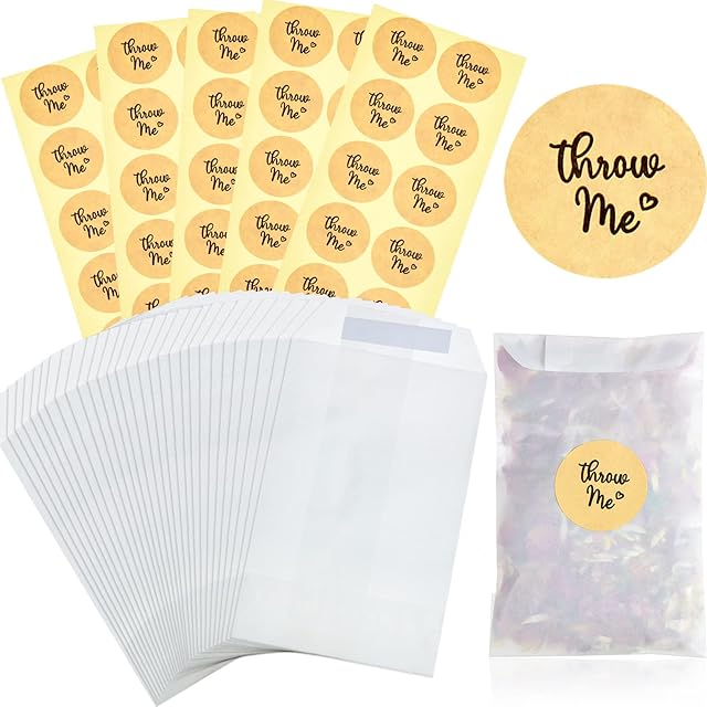 50 Sets Wedding Confetti Bags Kit Include 50 Pieces 70 x 105 mm Wedding Confetti Glassine Bags Wedding Favor Bags and 50 Pieces Kraft Brown Wedding Confetti Stickers for Wedding (Stylish Style)