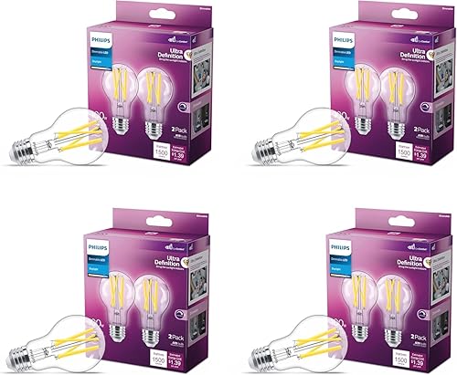 Philips LED - Foco A19 regulable transparente sin parpadeo. Tecnología EyeComfort, 800 lúmenes, luz diurna (5,000 K), 8 W=60 W, base E26, blanco,