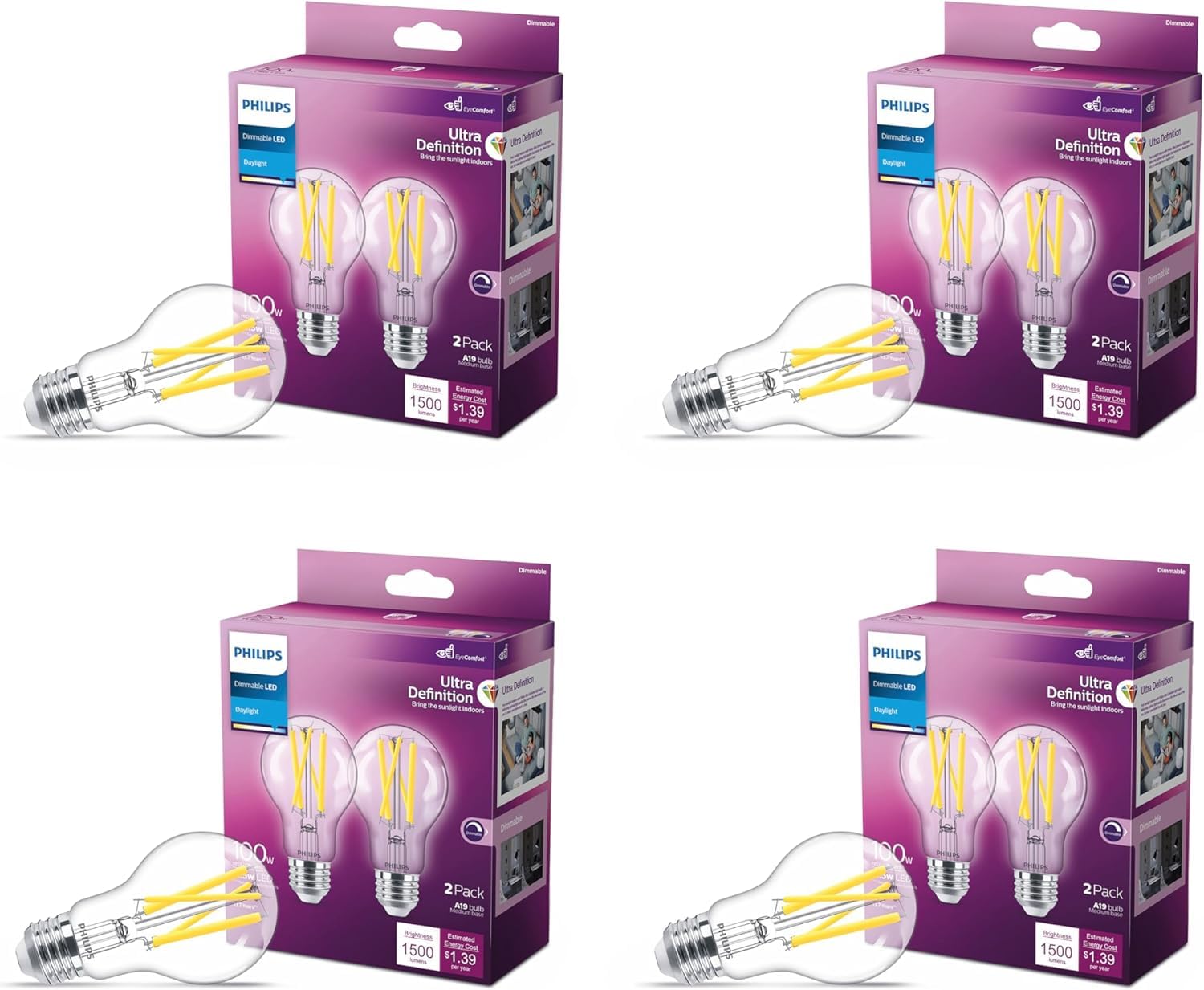 PHILIPS LED 60W A19 8-Pack Ultra Definition Daylight (5000K) 800 Lumen (8W = 60W) Dimmable Clear Flicker-Free Light Bulbs