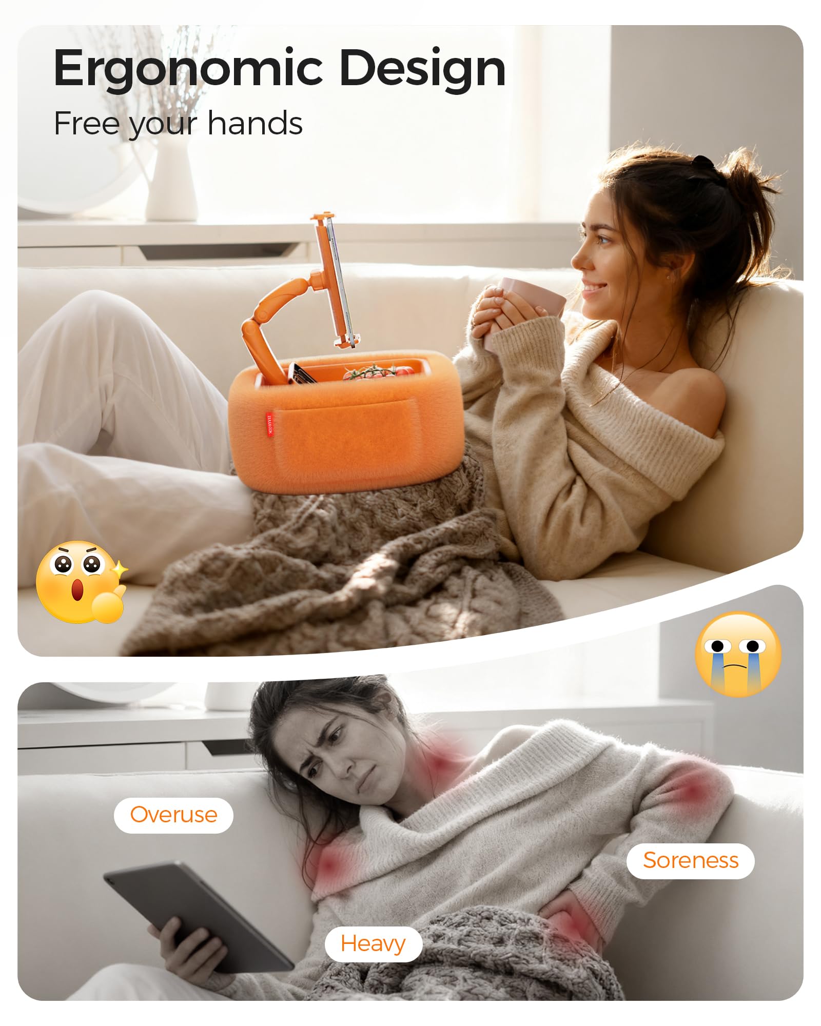 LULULOOK Support Kindle avec 2 Poches, réglable, avec Bras pivotant magnétique, Support Universel pour Tablette avec Plateau à collation Amovible, pour Tous Les appareils de 4,7 à 16 ", Orange