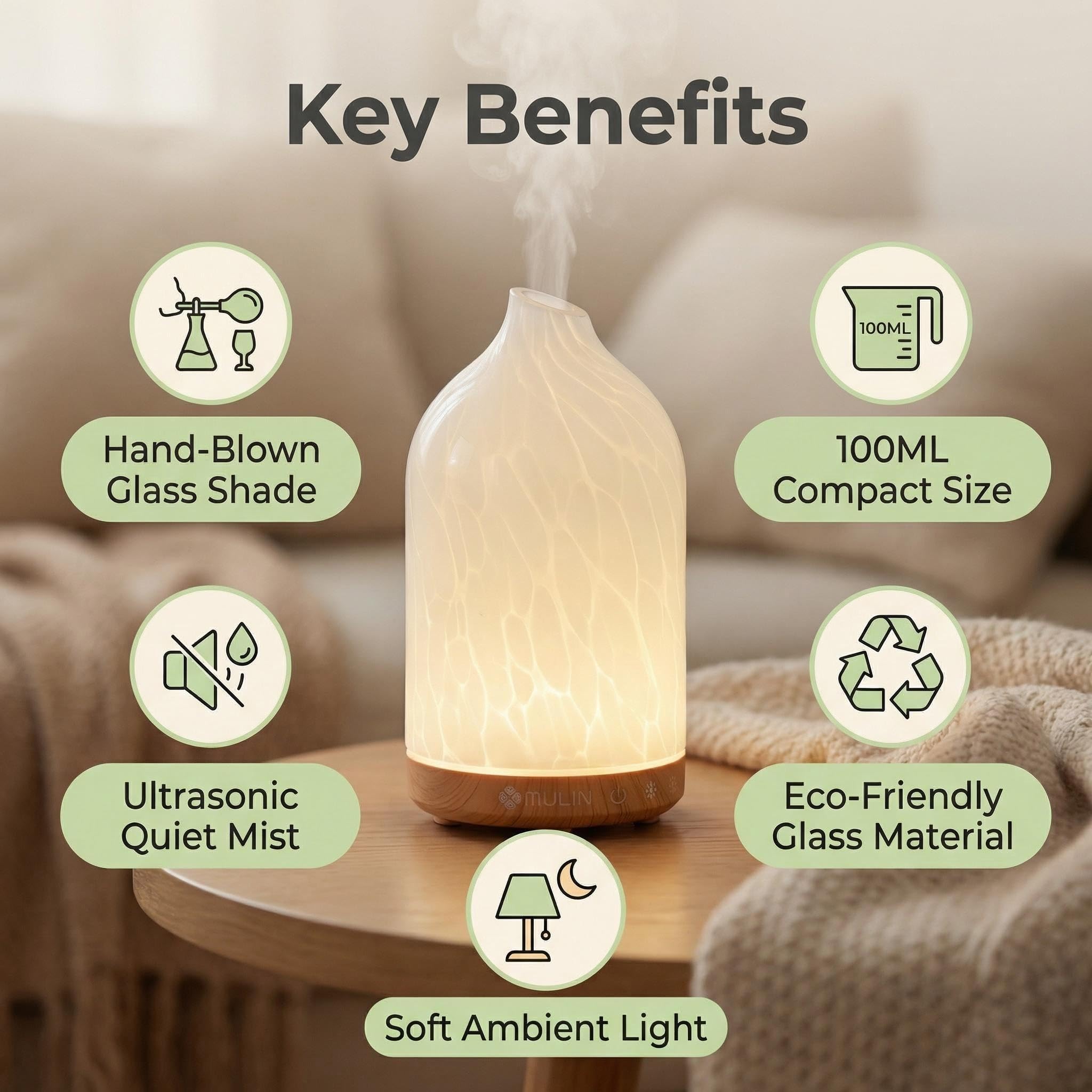 MULIN Diffusore di Oli Essenziali in Vetro, 100ML Diffusore Aromaterapia ad Ultrasuoni Ultra Silenzioso, 7 Colori LED, Senza BPA, Profumatore Ambiente per Relax e Benessere