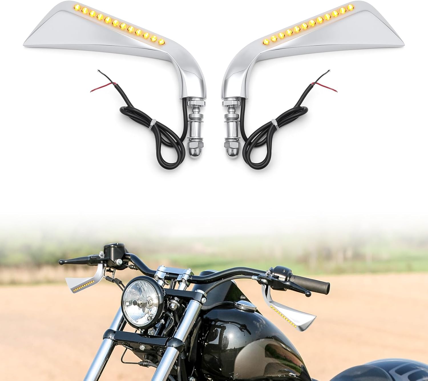 LKV Motorcycle Side Mirror with LED Turn Singal Lights - 8mm Rear View Mirrors Compatibale with Harley Sportster Road King Softail Dyna Street Glide Cruiser Touring XL 883 1200 (Chrome)