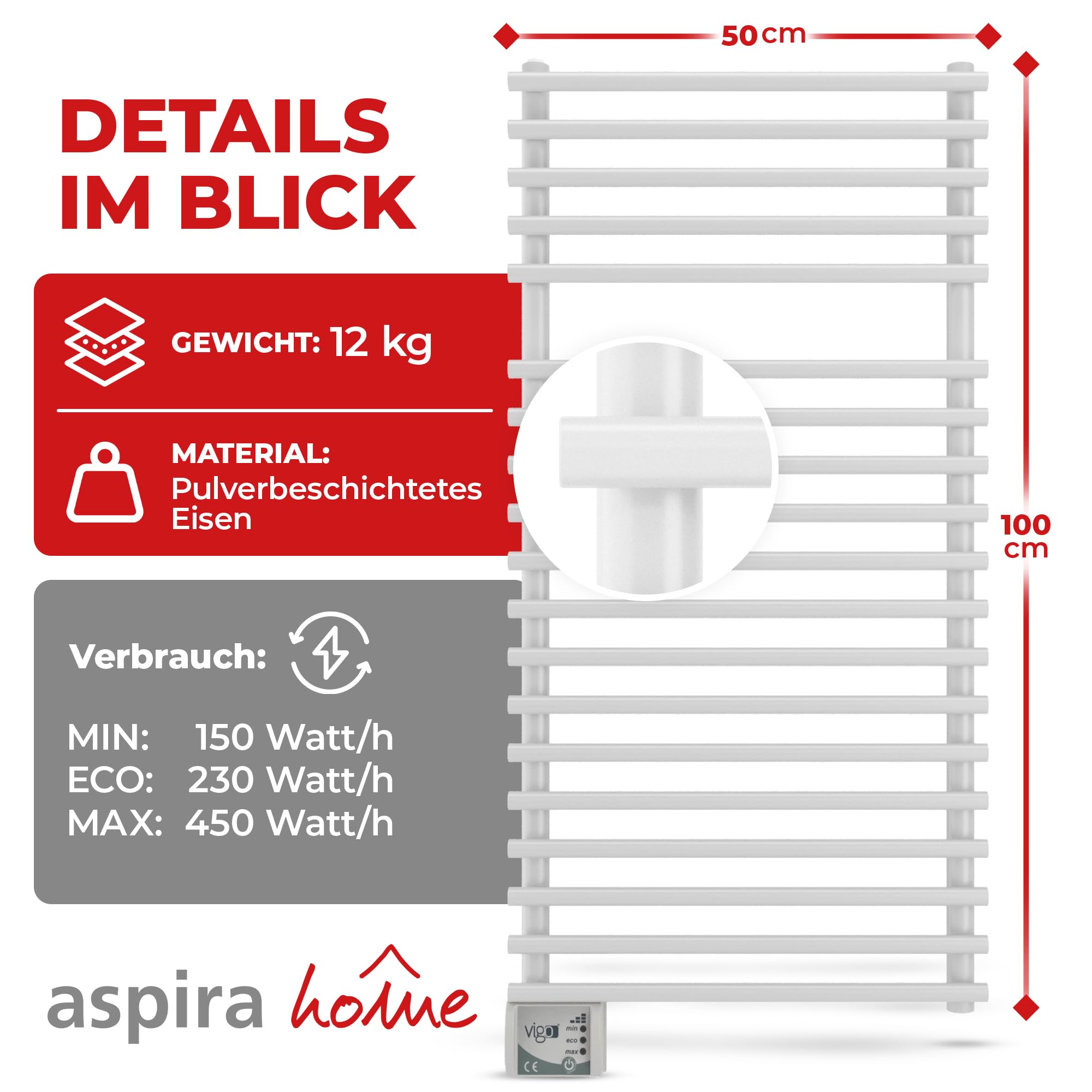 VIGO Elektryczny grzejnik łazienkowy/grzejnik łazienkowy - ECO 450 W, przetestowany przez TÜV: Zawiera zestaw montażowy, 500x1000 mm