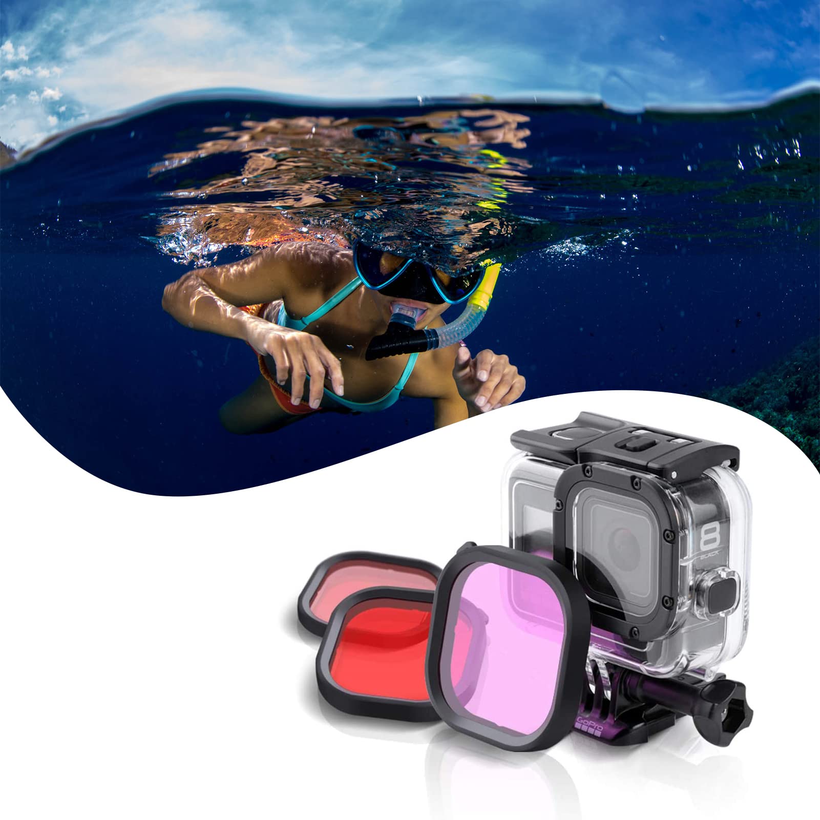 Filtre de plongée 3 en 1 pour GoPro Hero 5 6 7 Boîtier de plongée noir Super Suit - Rouge, rouge clair et magenta Boîtier de filtre Coque de protection avec inserts anti-buée pour photographie de plon