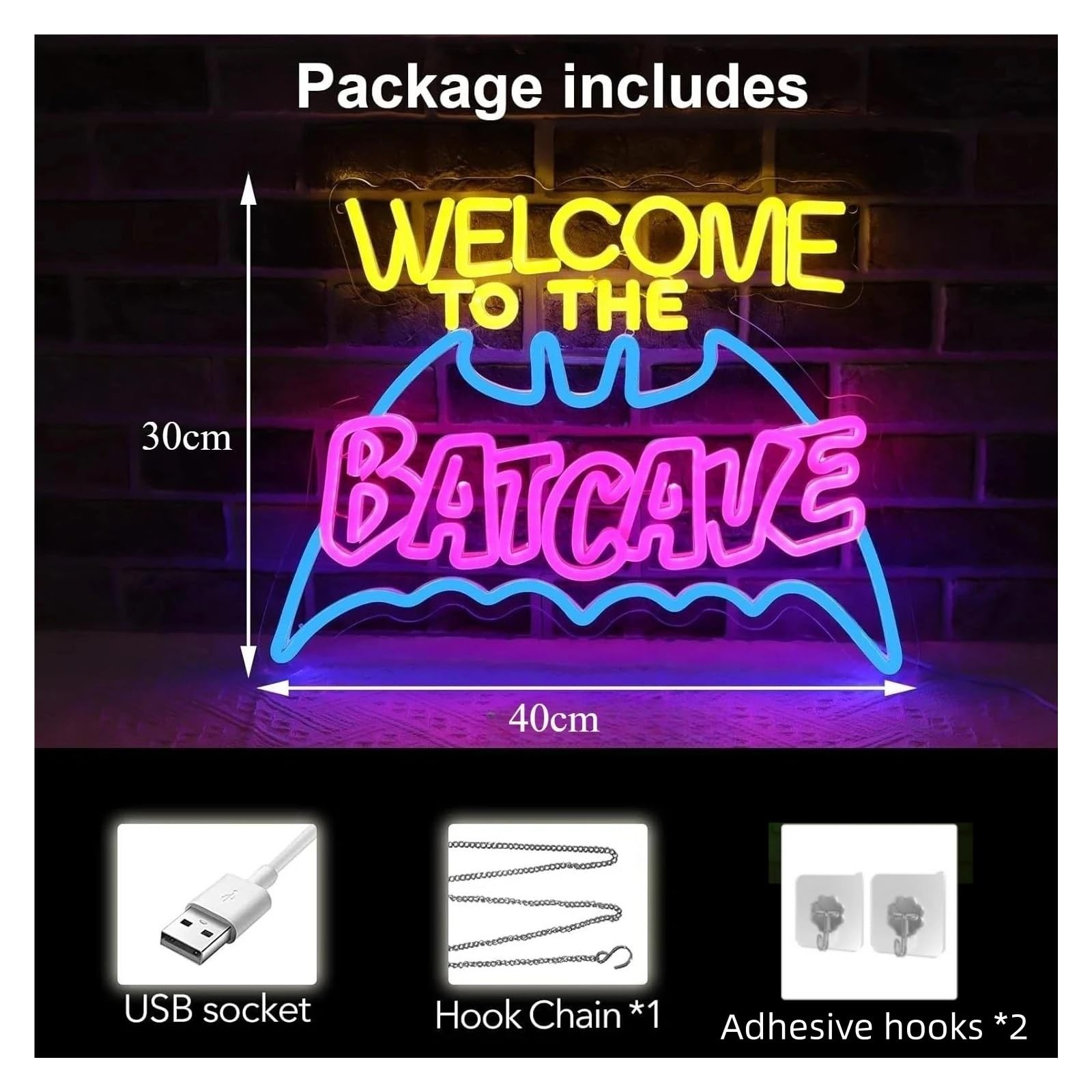 Insegna al Neon LED Insegna Al Neon WELCOME TO THE BATCAVE Dimmerabile Tramite USB Per Sala Giochi, Bar, Soggiorno, Caverna Dell'uomo, Decorazione Da Parete Per Feste, 44x33cm