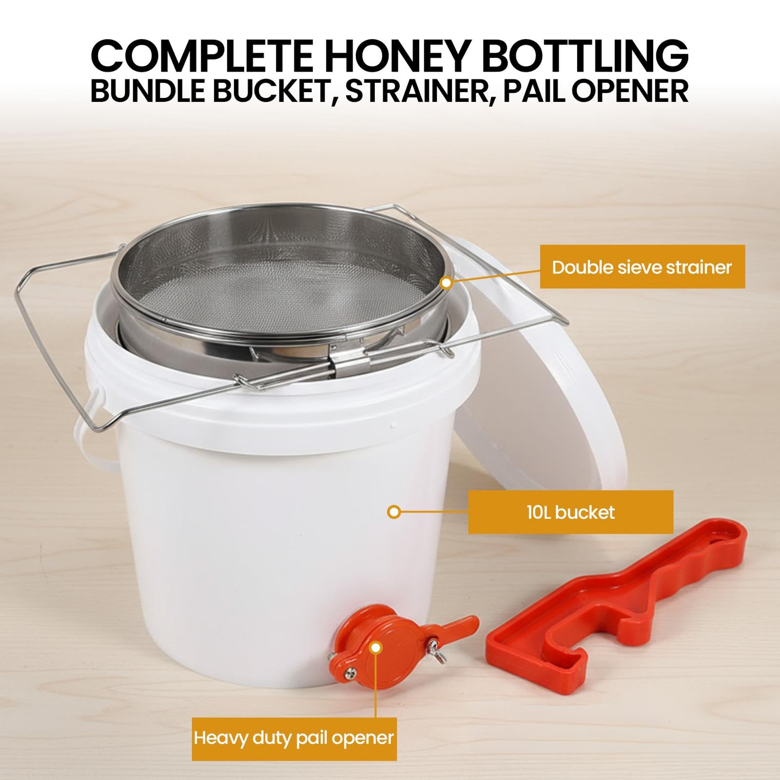 Secchio per imbottigliamento miele con colino, 10 litri in ABS con valvola a saracinesca per api e hobbisti – completo di apriscatole