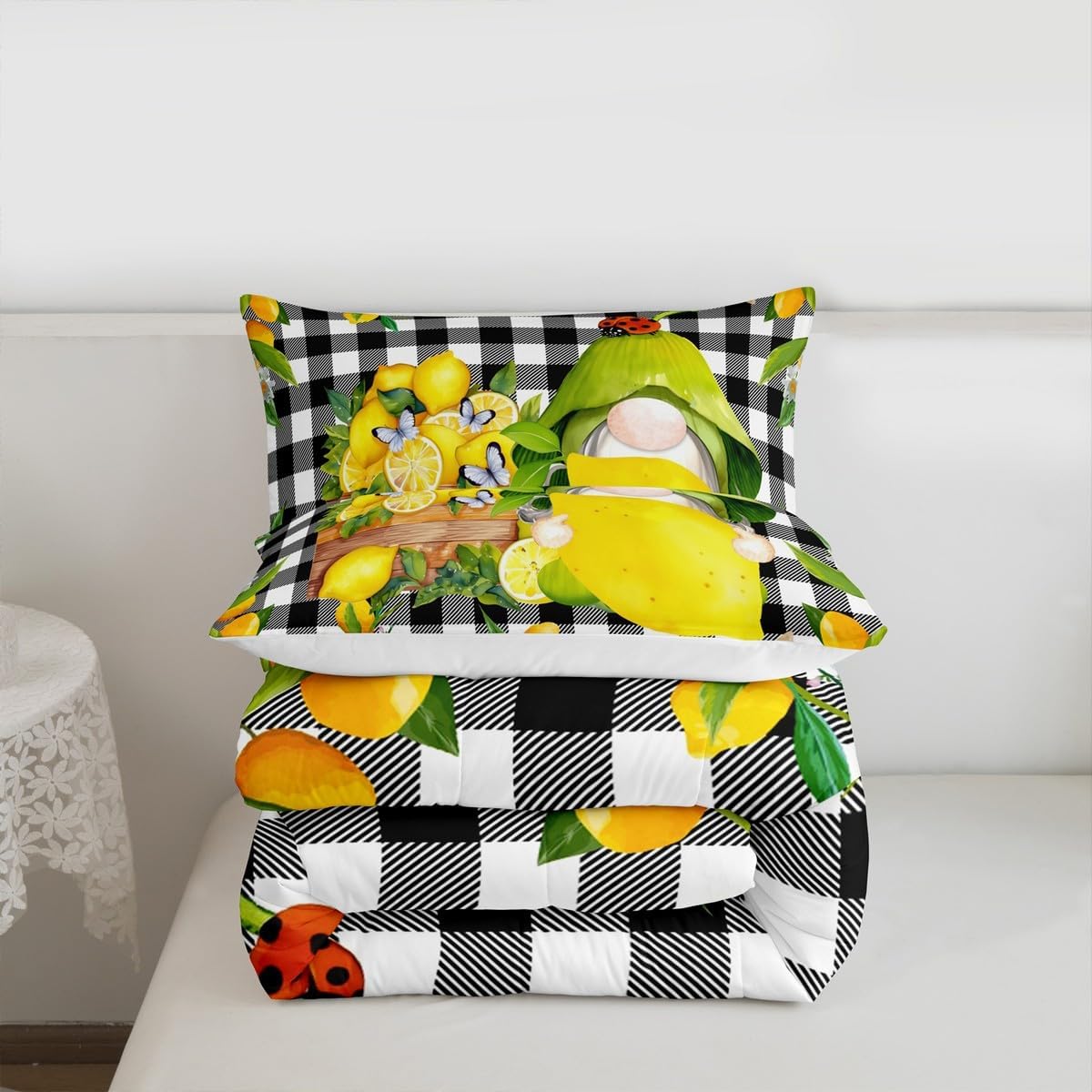 Kawaii Summer Lemon Gnomes Comforter Set Twin Size,Black White Geometric Grid Bedding Set 2pcs,Watercolor Summer Fruits Leaves Quilt Set Cute Butterfly Animals Duvet Insert,Yellow Green