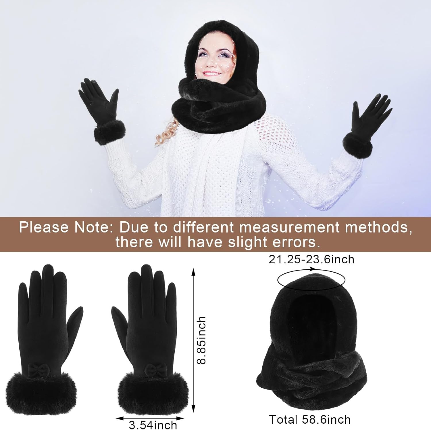 Chuarry 2 Pcs Women's Faux Fur Infinity Scarf and Winter Gloves Set Include Soft Hooded Scarf Touchscreen Fur Gloves - Image 2