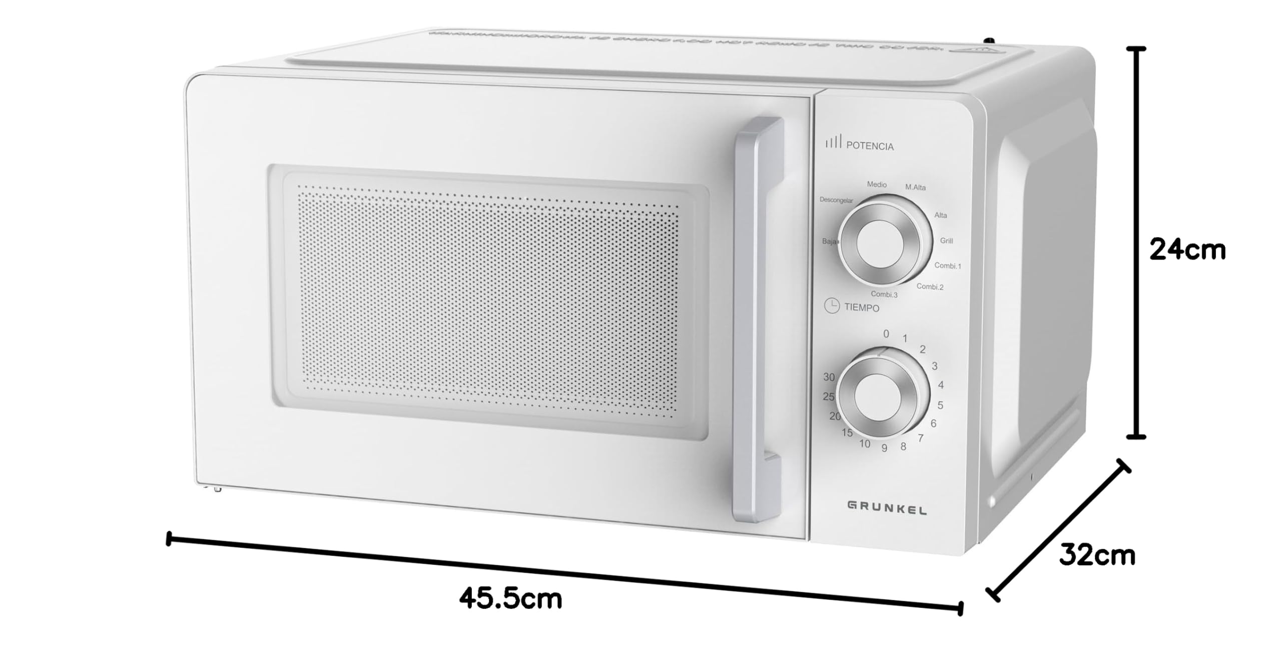 Grunkel Microondas con grill de 20 Litros, 700W + 900W Grill 5-6 Niveles de Potencia, 3 Modos Combinados, Temporizador 30 min Apertura con Tirador y Bandeja Ø245 mm