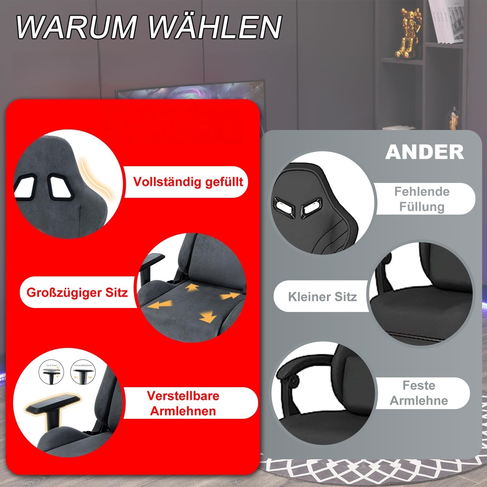 Gaming Stuhl, Atmungsaktiver Bürostuhl Ergonomisch aus Hochwertigem Stoff, PC-Stuhl mit Massage Lendenstütze, Verstellbarer und Drehbarer Schreibtischstuhl mit Fußstütze, Grau