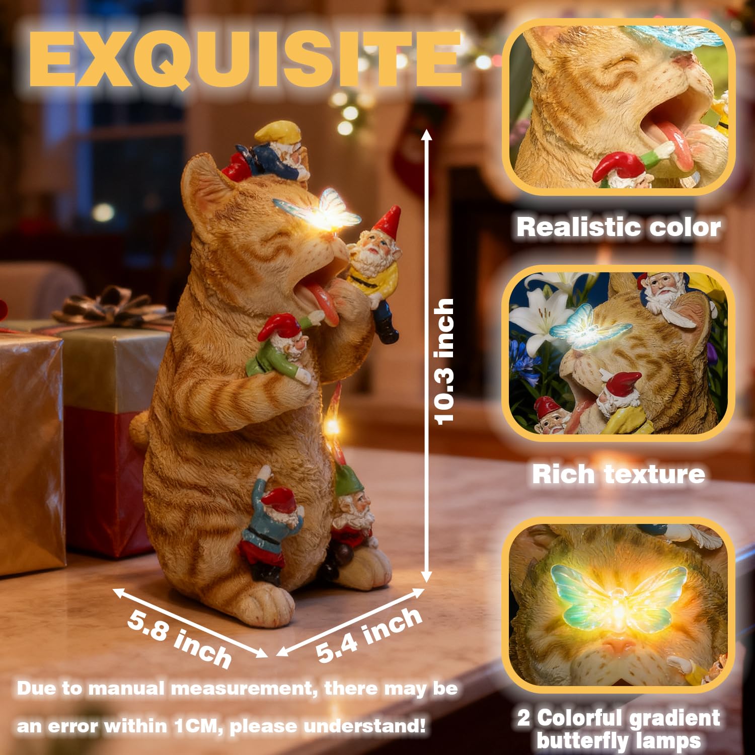 Słoneczne zabawne krasnale ogrodowe, figurka kota, kolorowe gradenty, światła LED, dekoracje na podwórko, rzeźba, statuetka na zewnątrz