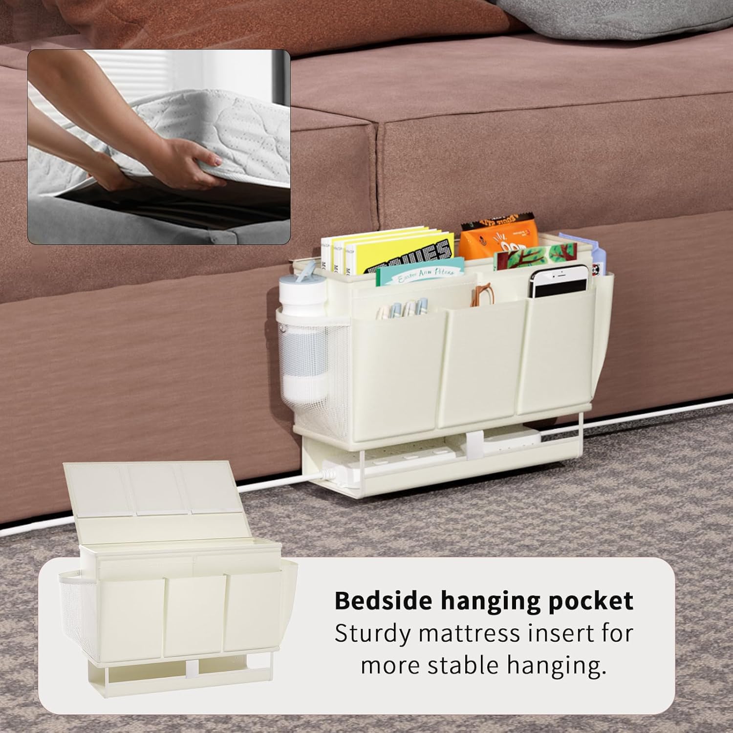 Bedside Caddy Bedside Organizer,Bed Caddy with 11 Pockets and Power Strip Holder,Versatile Bedside Storage Caddy for Home,Dorm,Bunk,Hospital,Crib Bed (White) - Image 4