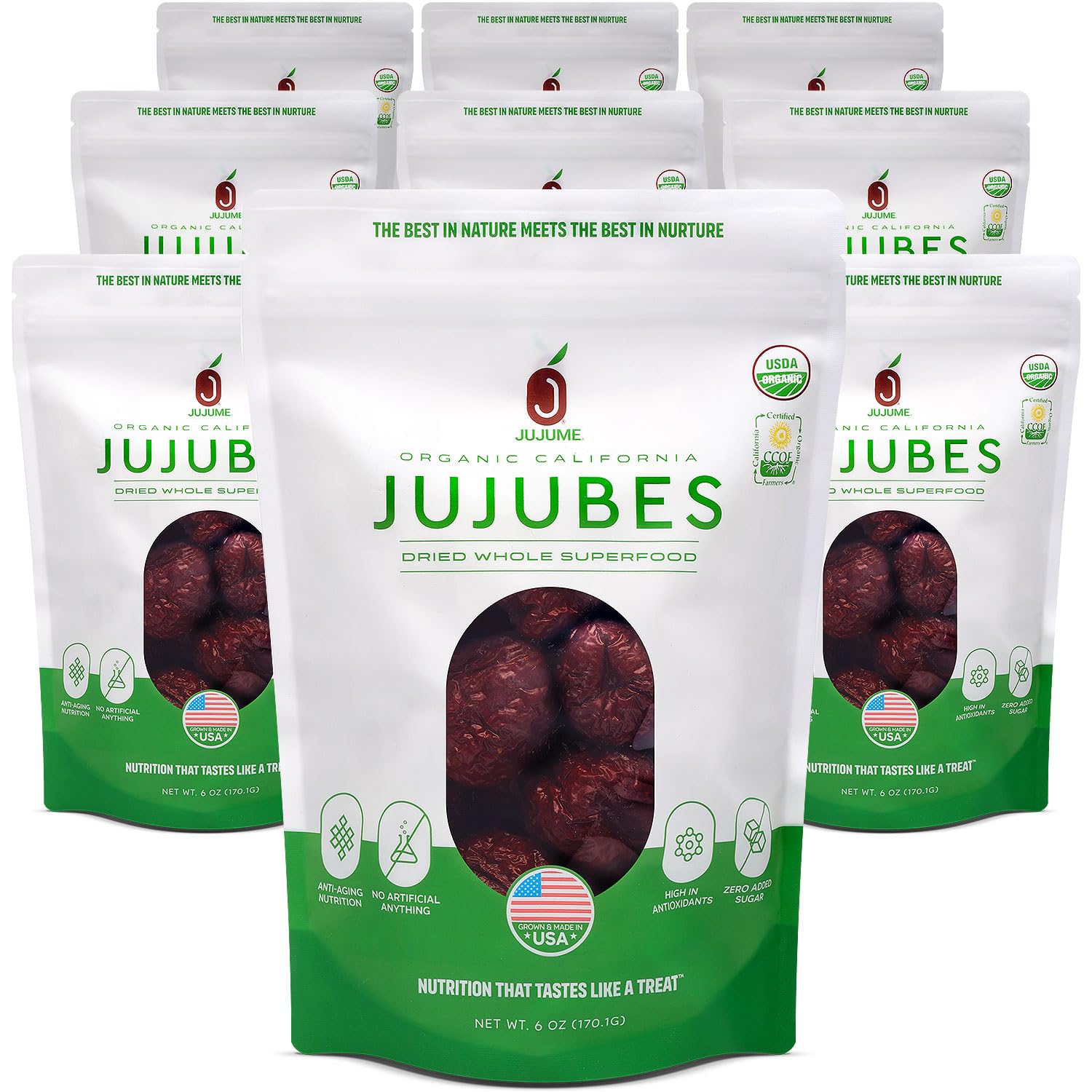 JUJUME | USDA Organic California Grown Jujubes Red Dates | Individually Sorted 3X for QA | High Grade Superfood | Healthy Dried Fruit | Certified All-Natural Non-GMO | 10-pack 6 oz. bags