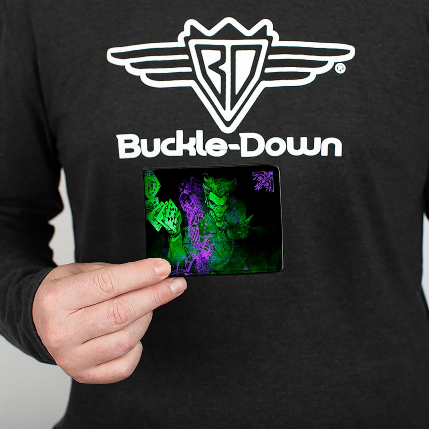 Buckle-Down mens Buckle-down Pu Bifold - the Joker Card Flipping Poses Black/Greens/Purples Wallet, Multicolor, 4.0 x 3.5 US - Image 3