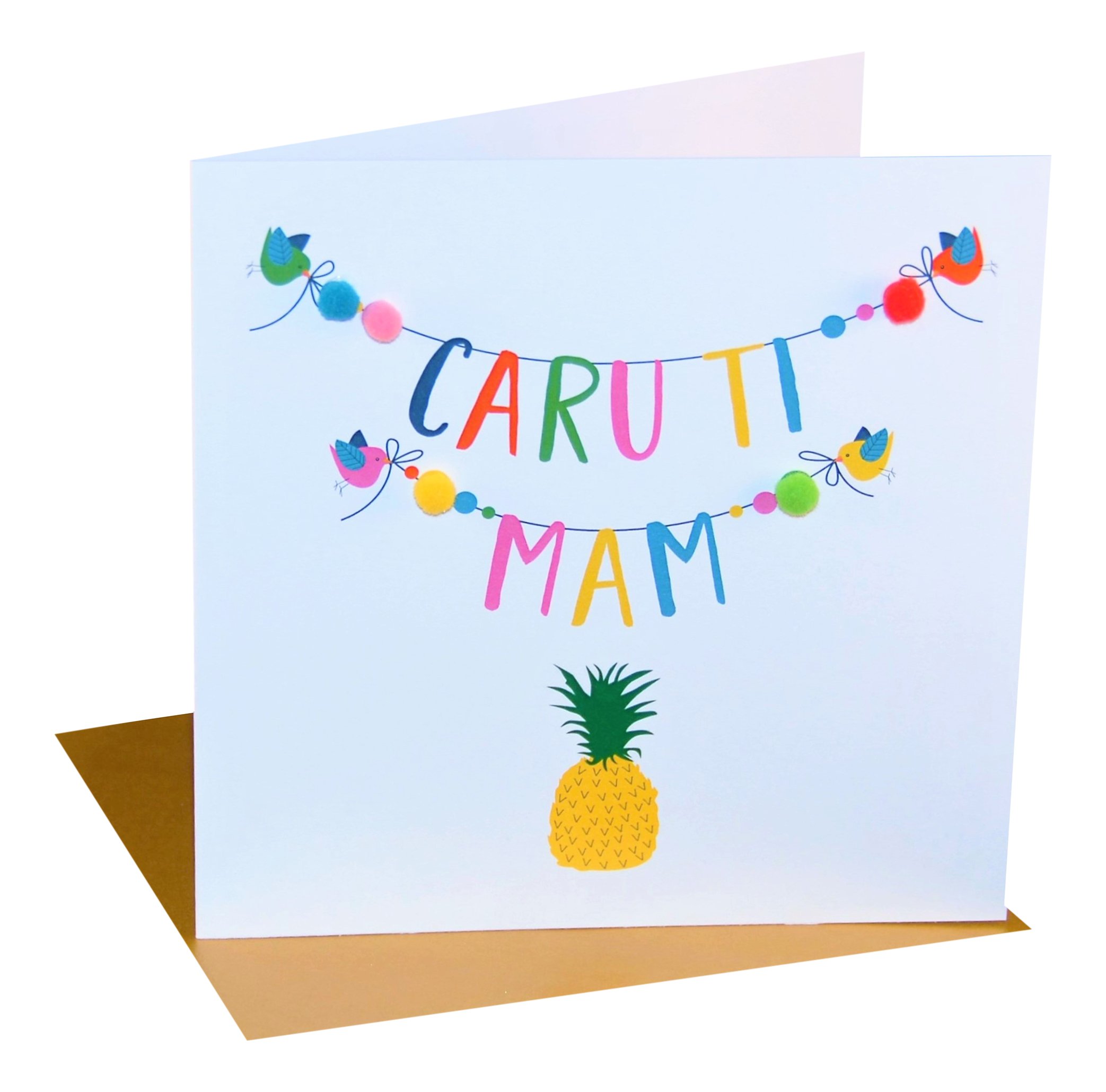 Claire Giles Greeting Cards, Welsh Mother's Day Card, Sul y Mamau Hapus, Mam, Pineapple Design, Embellished with Colourful Pompoms