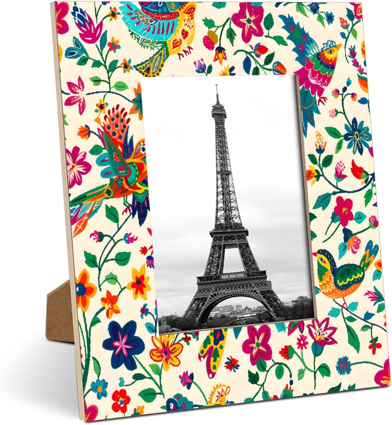 Mexican Flower 5x7 Picture Frame, Talavera Bird Display Picture for Table Top Display and Wall Mounting 5x7 Wood Photo Frame