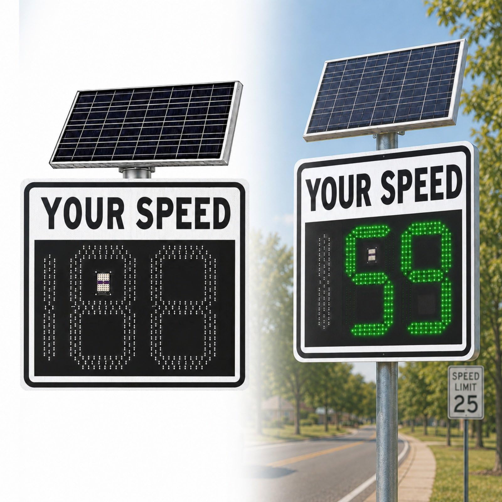 HCAUYNN LED Solar Radar Speed Sign, Weatherproof Traffic Feedback Warning Board with 2(3) Digit Speed Display for Highways, Speed-Limited Roads & Construction Zones – 24"x24"(24"x27") white-3Digit