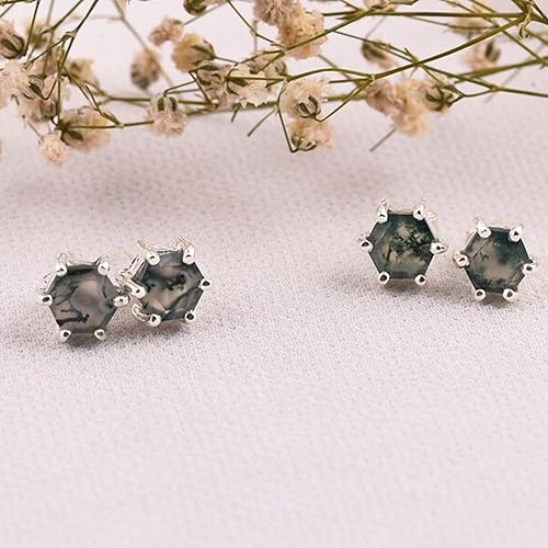 Miniatura 7 de Hexagon Cut moss agate studs, Natural moss agate earring, moss agate earring, nature earrings, 925 sterling silver stud,moss jewelry Free Ship