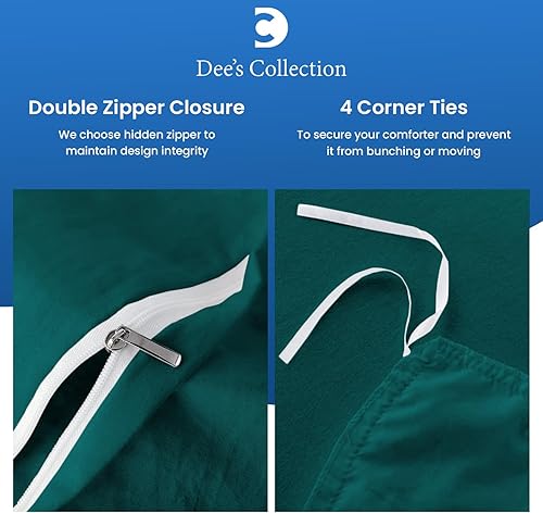 Miniatura 6 de Dees Collection Juego de funda de edredón de 800 hilos de algodón egipcio color verde azulado ultra suave y transpirable 3 piezas con cierre de