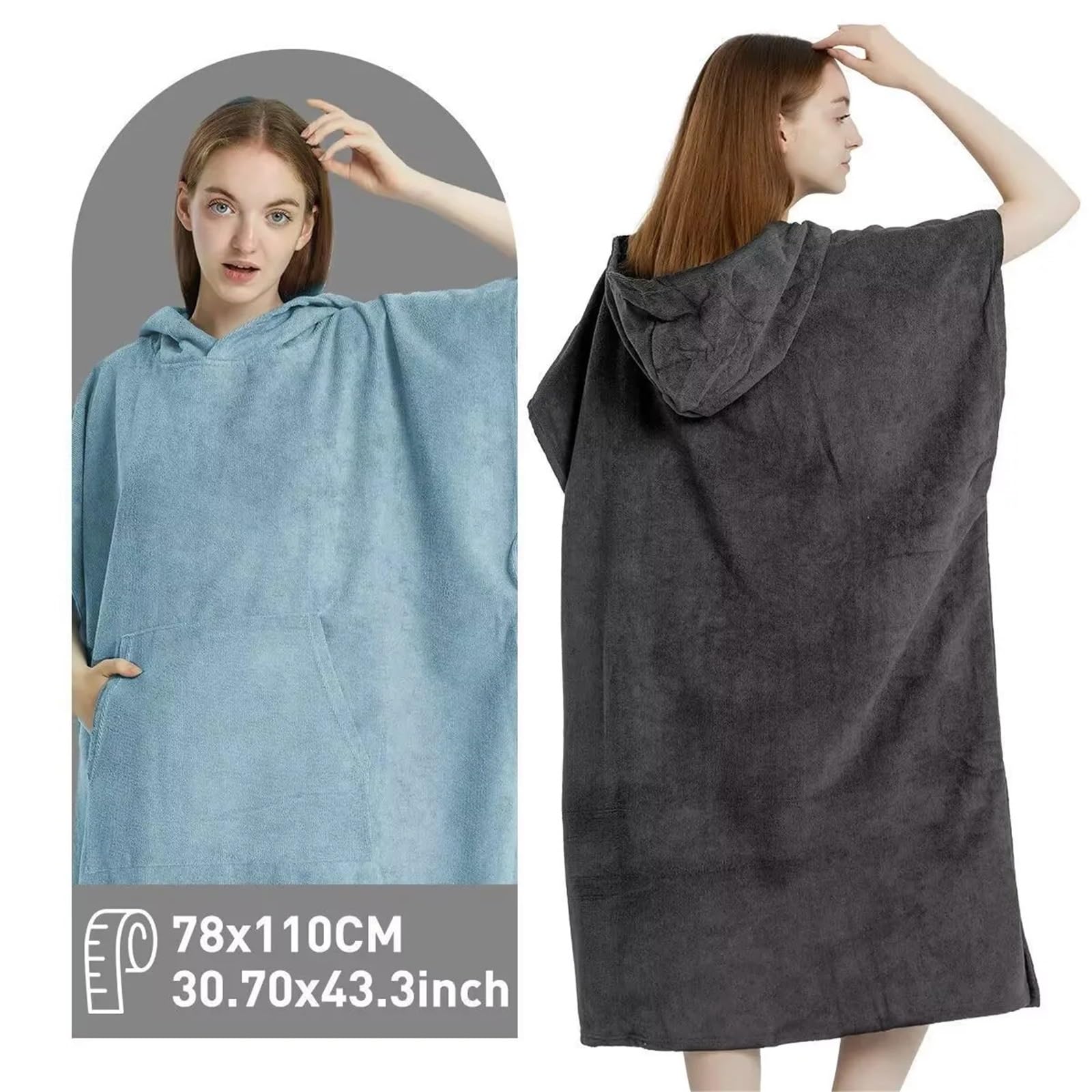 Poncho da spiaggia con asciugamano, ad asciugatura rapida, cappuccio, accappatoio, bagno, poncho for adulti per Spiaggia e Sport Acquatici(Black)