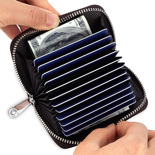 Miniatura 5 de BISON DENIM Funda para tarjetas, cartera de piel con bolsillo y bloqueo RFID, organizador de tarjetas de crédito, con cremallera, para mujeres y