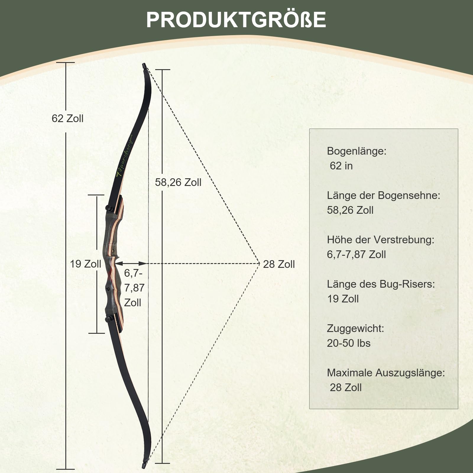 TOPARCHERY Recurve Bogen 62" Bogenschießen Takedown Hunting Recurve Bow für Erwachsene 20-50lbs Holzbogen Longbogen jagdbogen mit Stringer Rechte Hand