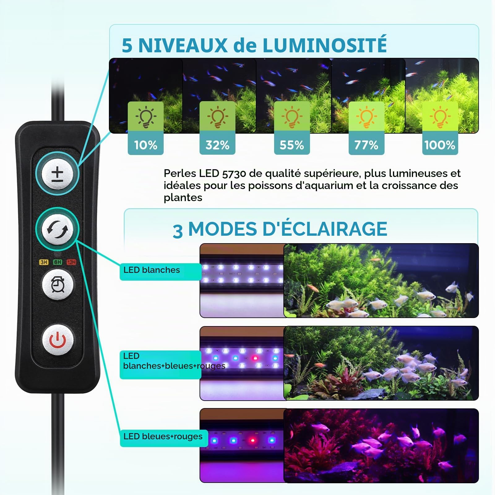 Hygger 32W Lampe LED Aquarium, 111-137cm Rampe LED avec Minuterie, Dimmable, Support reglable, pour Eclairage(Blanc, Bleu, Rouge)