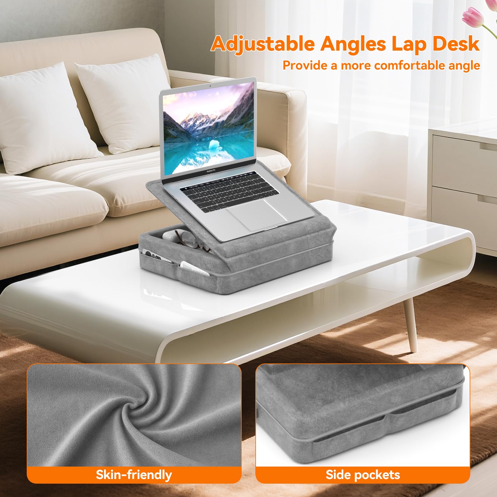 KDD Supporto PC Portatile Cuscino, Laptop Stand da Letto con Contenitore, Supporto Regolabile per Laptop con Fascia Antiscivolo & Spazio per Tablet Casa Ufficio Dormitorio