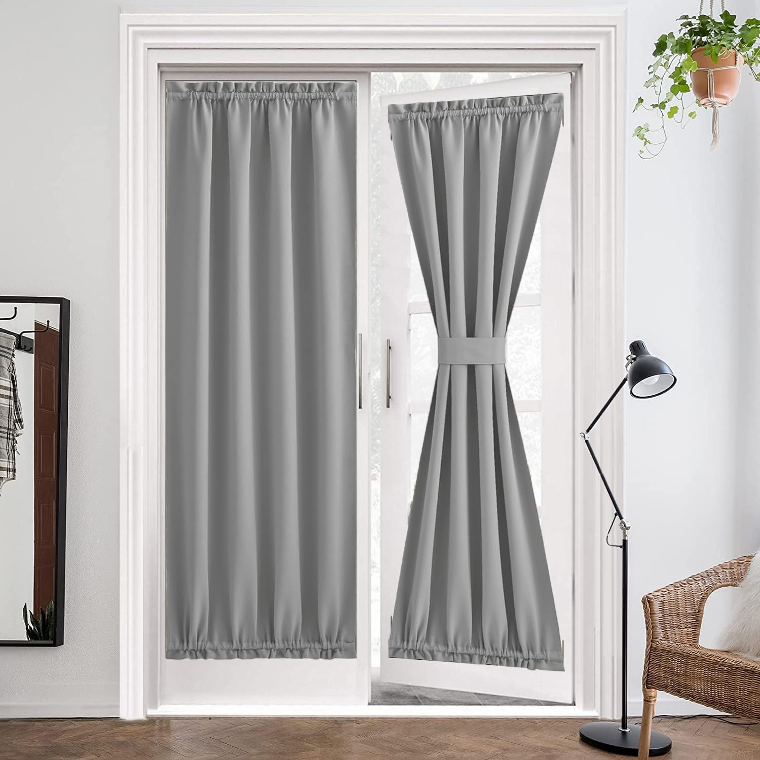 ZHhan French Door Curtains Privacy Blackout French Door Rod Pocket Drapes for Glass Door Home Office,Sidelight Curtain Tie up Shade,Easy Installed 86x203cm,Light Grey,1 Panel