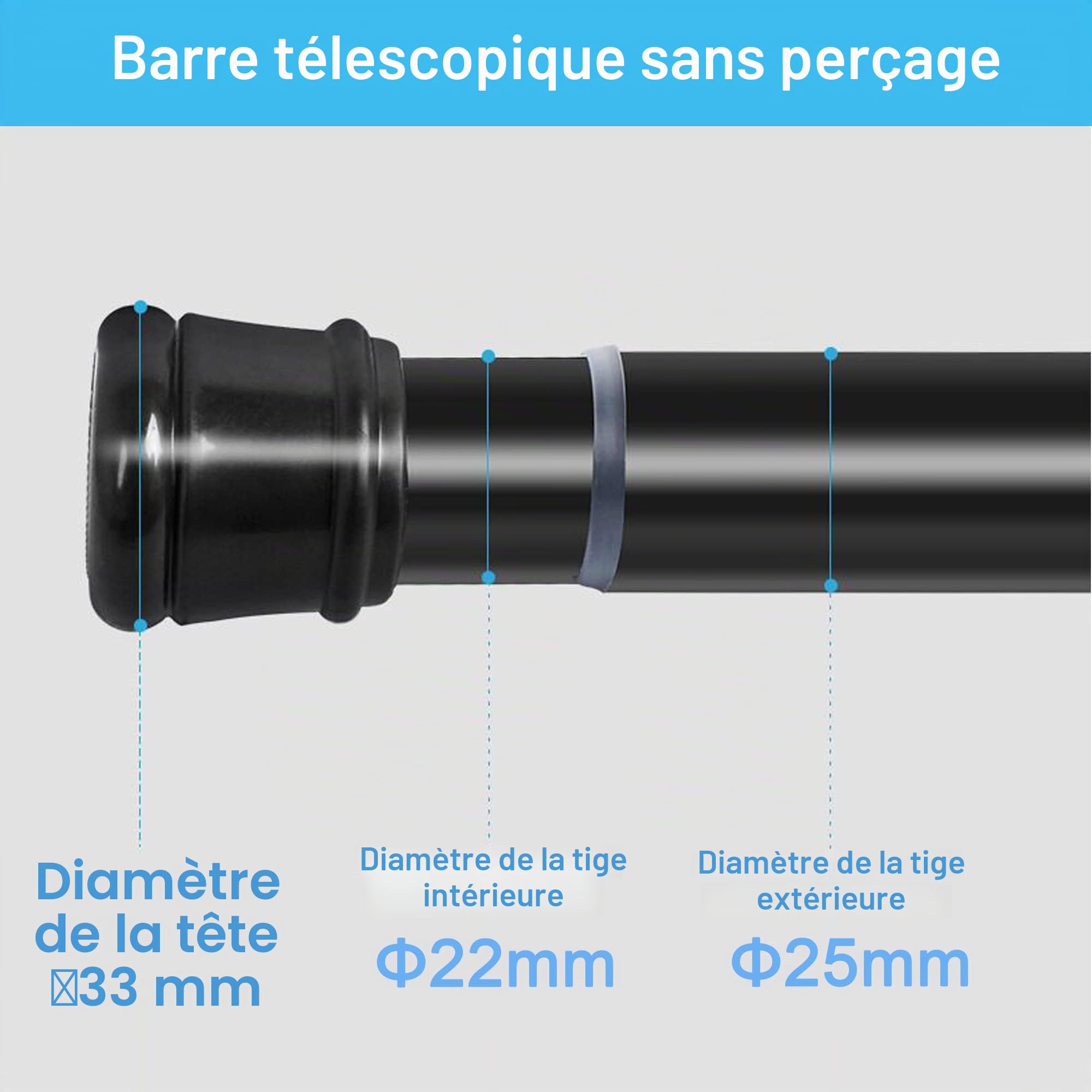 1 Tringle à rideaux télescopique sans perçage pour salle de bain, fenêtre, penderie, 66-90 cm, blanc (diamètre 25 mm)