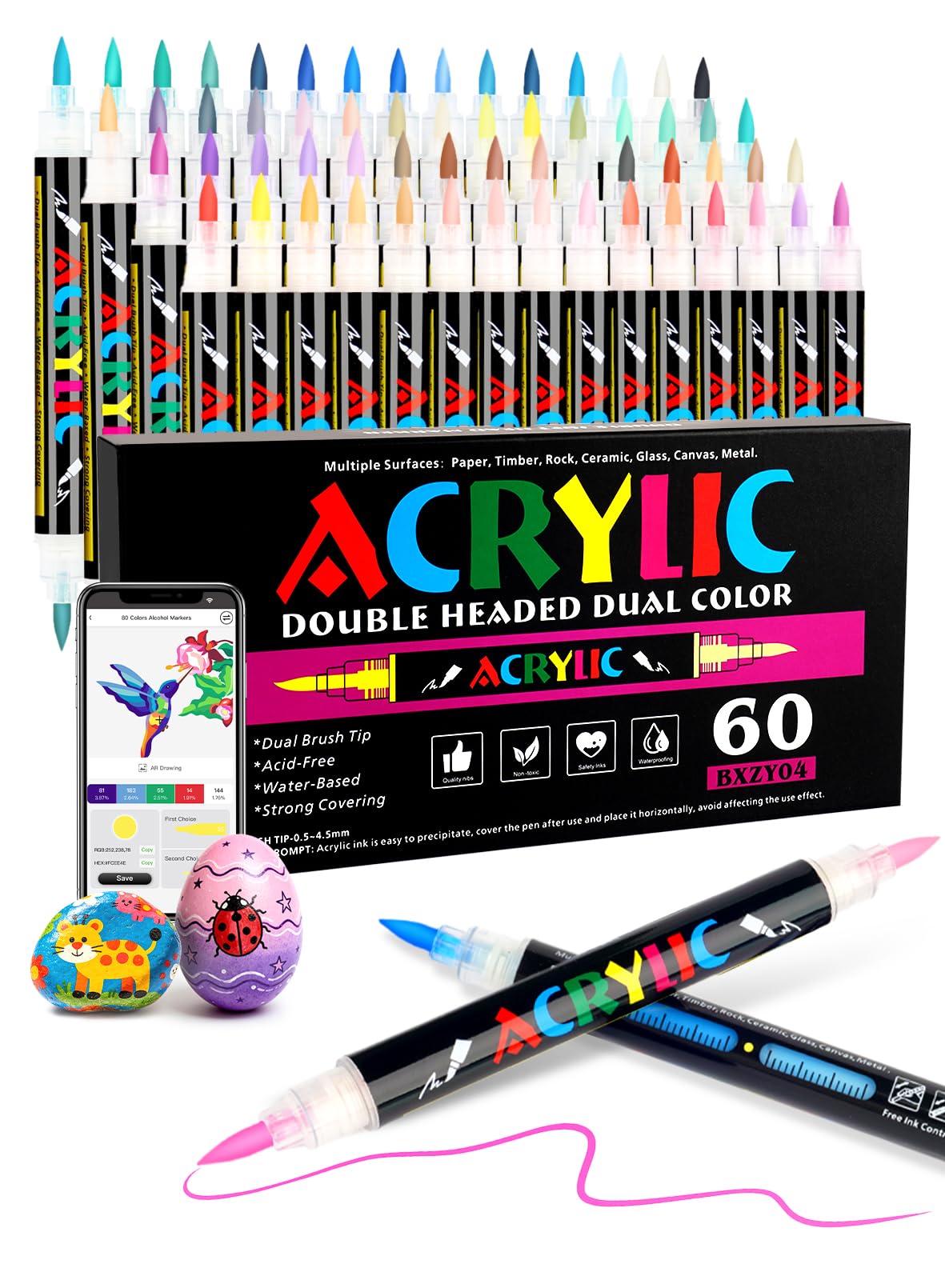 60 Liquid Ink Acrylic Paint Pens with Free App, 120 Colours Acrylic Markers