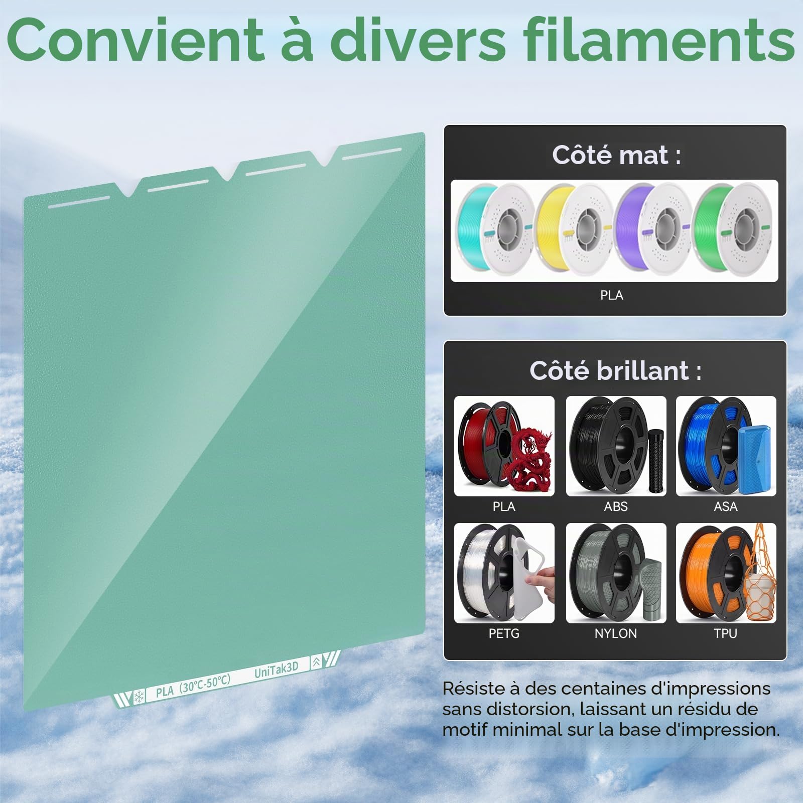 Plateau Froid 276x293mm Cold Plate Double Face Brillante & Mate, Surface Impression Basse Température Forte Adhérence, Compatible with Snapmaker U1 Imprimante 3D (Sans Colle)