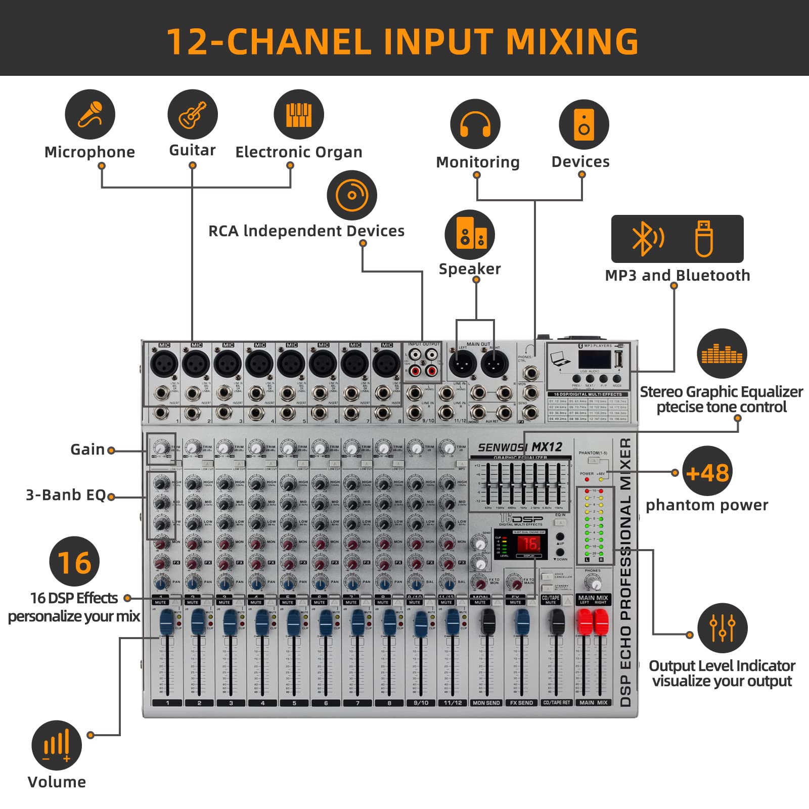 12Channel DJ Professional Mixer, BT Function w/USB