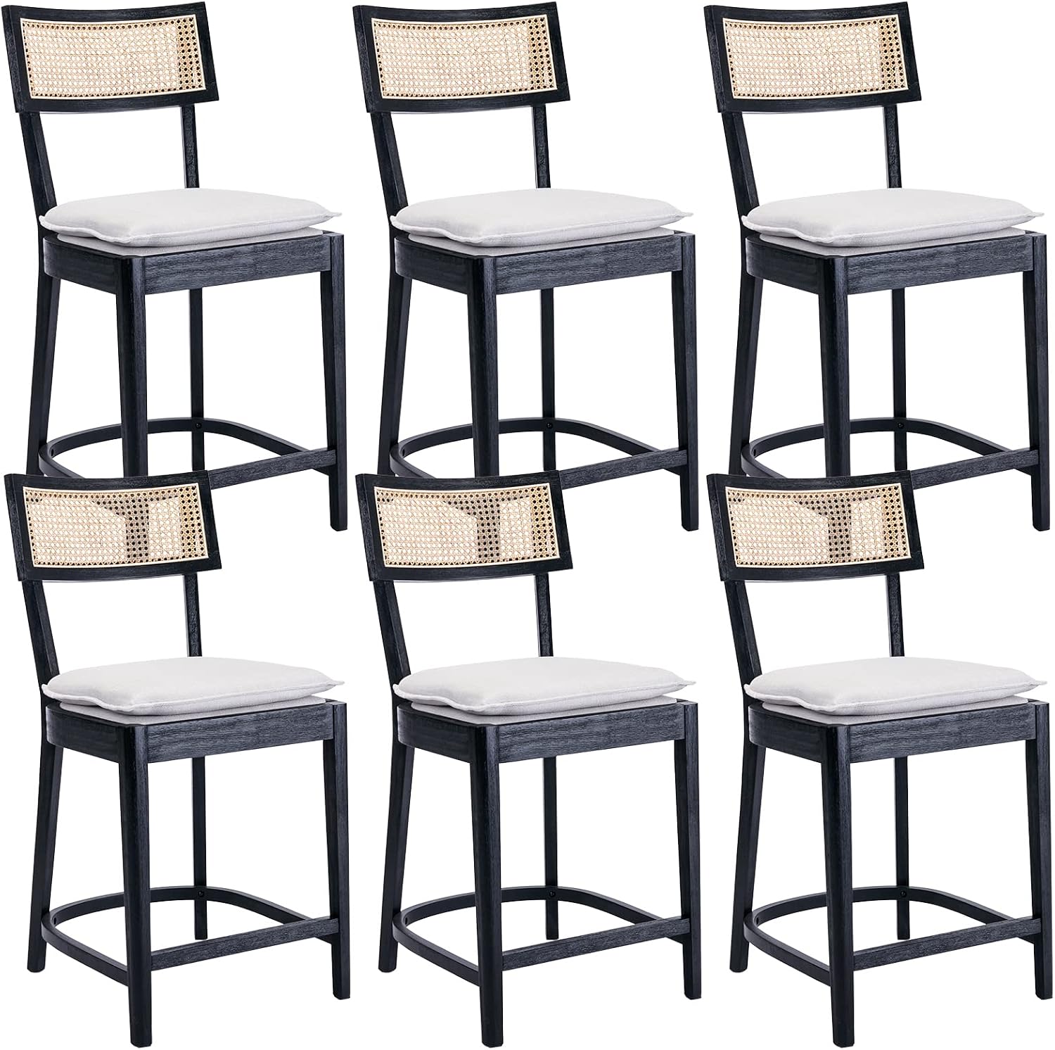 QUNINJAY 26" Counter Height Bar Stools Set of 6, Modern Rattan Counter Stools with Linen Upholstered, Vintage Dining Bar Chairs with Cane Back for Kitchen Counter Island Home Bar, Black Frame