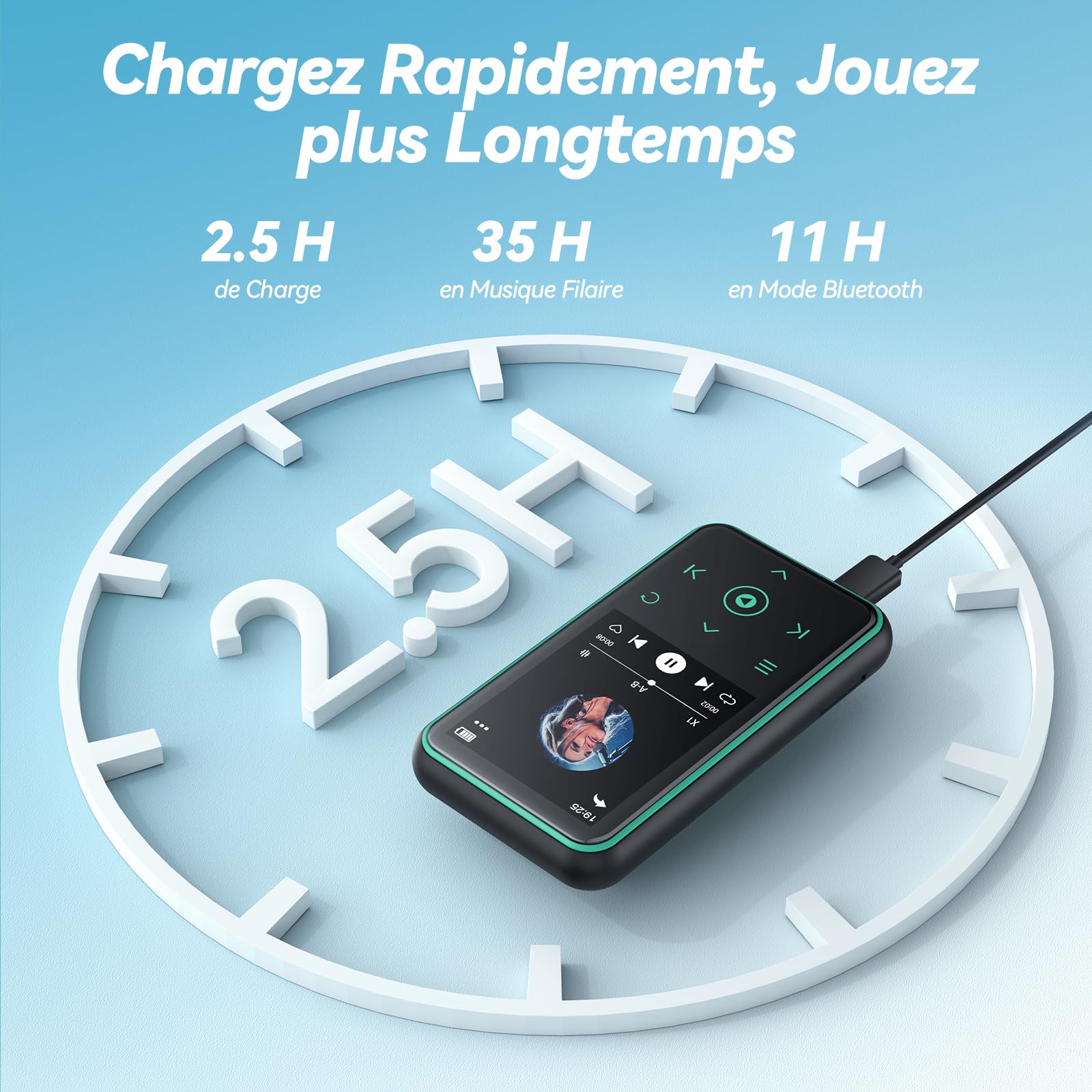 AGPTEK 64Go Lecteur MP3 Bluetooth 5.3 avec Clip, 1,8 Pouces Lecteur Musique Sport HiFi avec Reconnexion Bluetooth Automatique, Radio FM/Podomètre, Ultra-léger 36g, Mini Baladeur pour Courir - Bleu