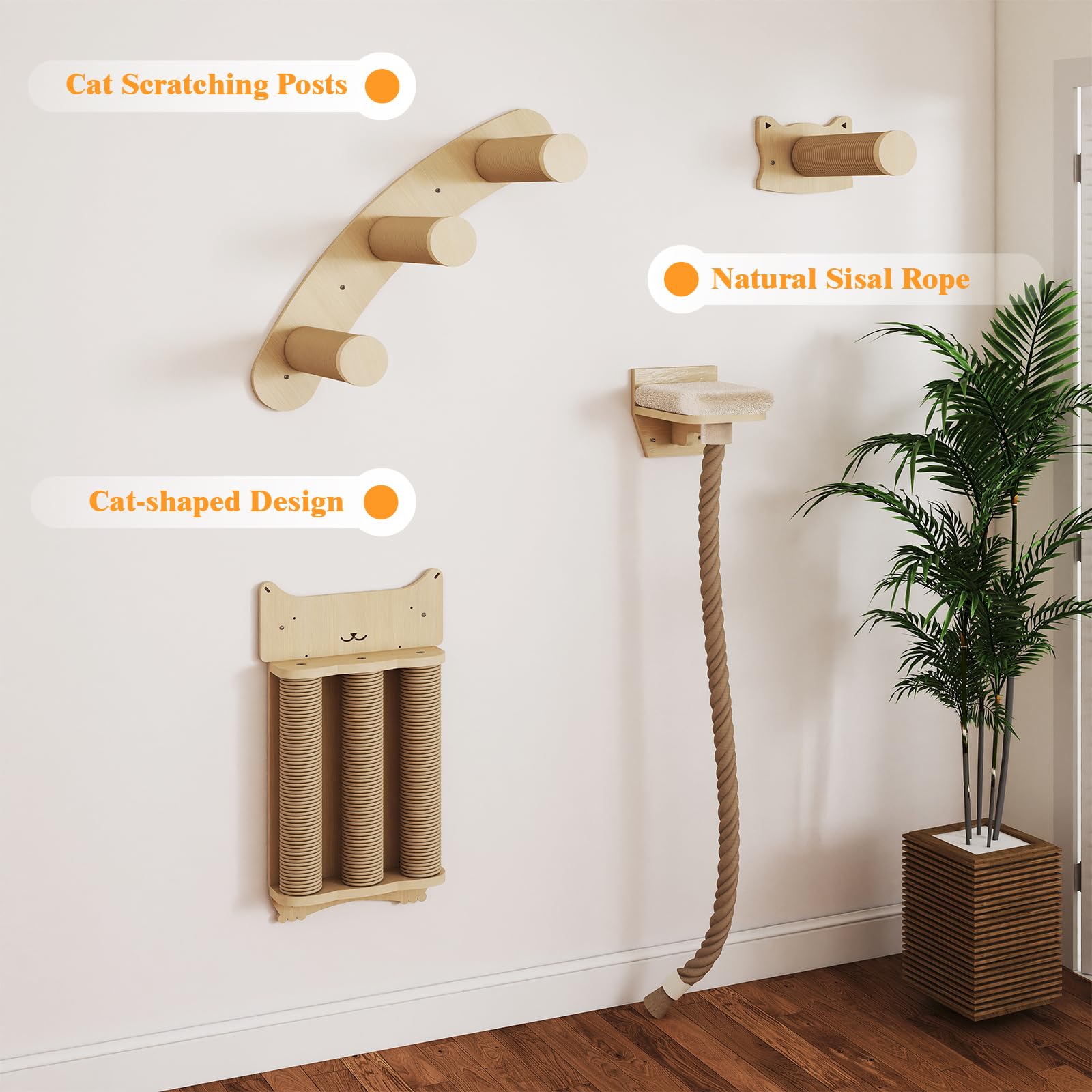 BYBYME Ensemble Mural d'escalade pour Chat en Bois Naturel, 8 pièces Robustes avec griffoirs, Plate-Forme pour Chaton, Corde en sisal de 100 cm et lit pour Dormir, Jouer et se détendre (Bois Naturel