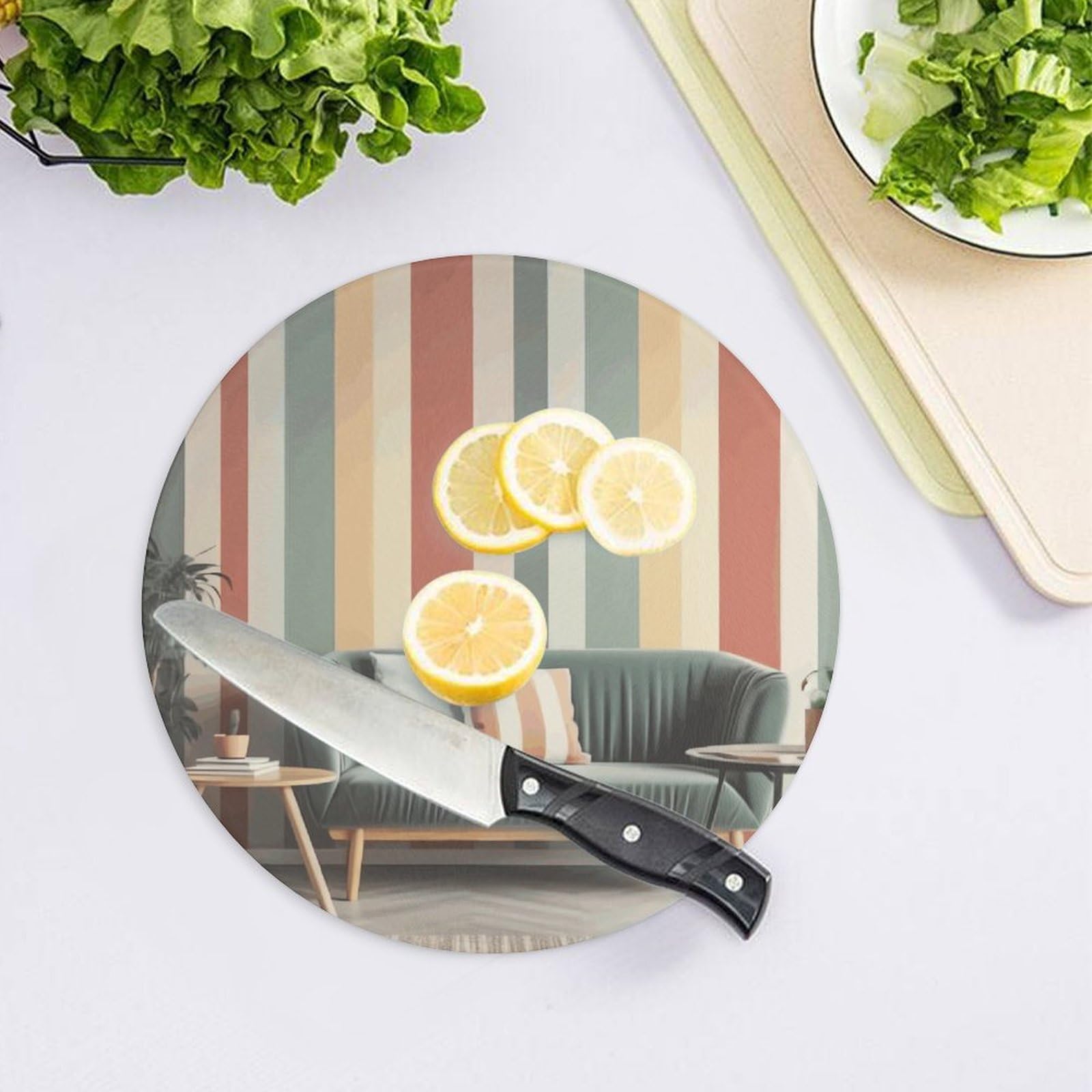 Tabla de cortar redonda con fondo a rayas fácil de limpiar, tablas de cortar para cocina, tamaño grande 7.9, tablas de cortar esenciales de cocina, convenientes para carne y verduras