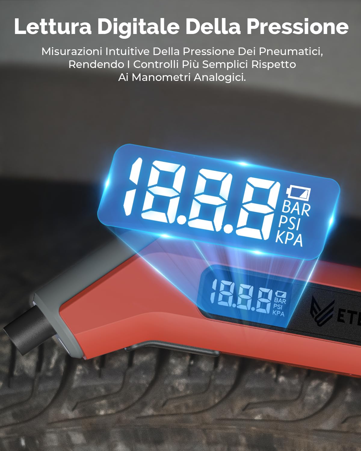 ETENWOLF Misuratore Digitale di Pressione dei Pneumatici 0,20-13,79 Bar, calibrato secondo la norma ANSI B40.7 Grado 2A