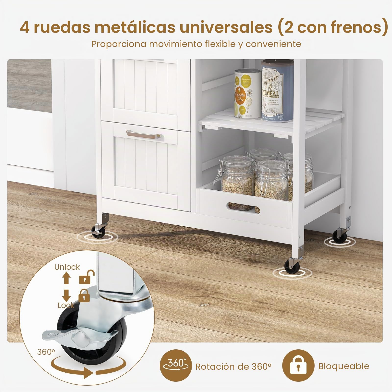 GIANTEX Carro de Cocina con 4 Ruedas, 3 Cajones, 3 Estantes Abiertos y Tapa de Madera de Caucho, Isla de Cocina Móvil con Bandeja Desmontable, 67 x 37 x 83,5 cm (Blanco)