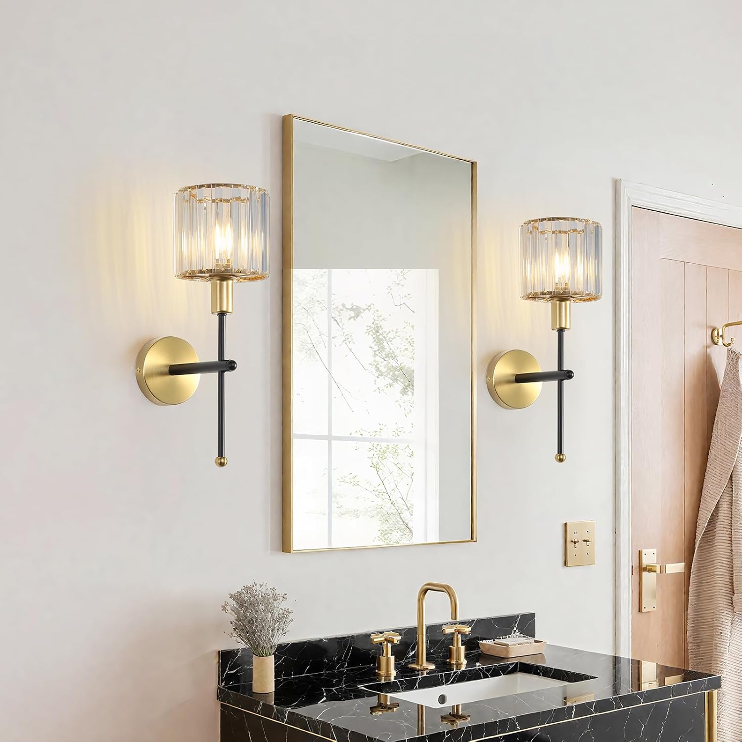 Eustace Crystal Wall Sconces Set of Two, Clear Glass Hardwired Wall Sconce, Gold Brass Wall Lamp Wall Mounted Lighting Fixture for Living Room Bedroom Vanity Light Bathroom(E12 Base,2-Packs)