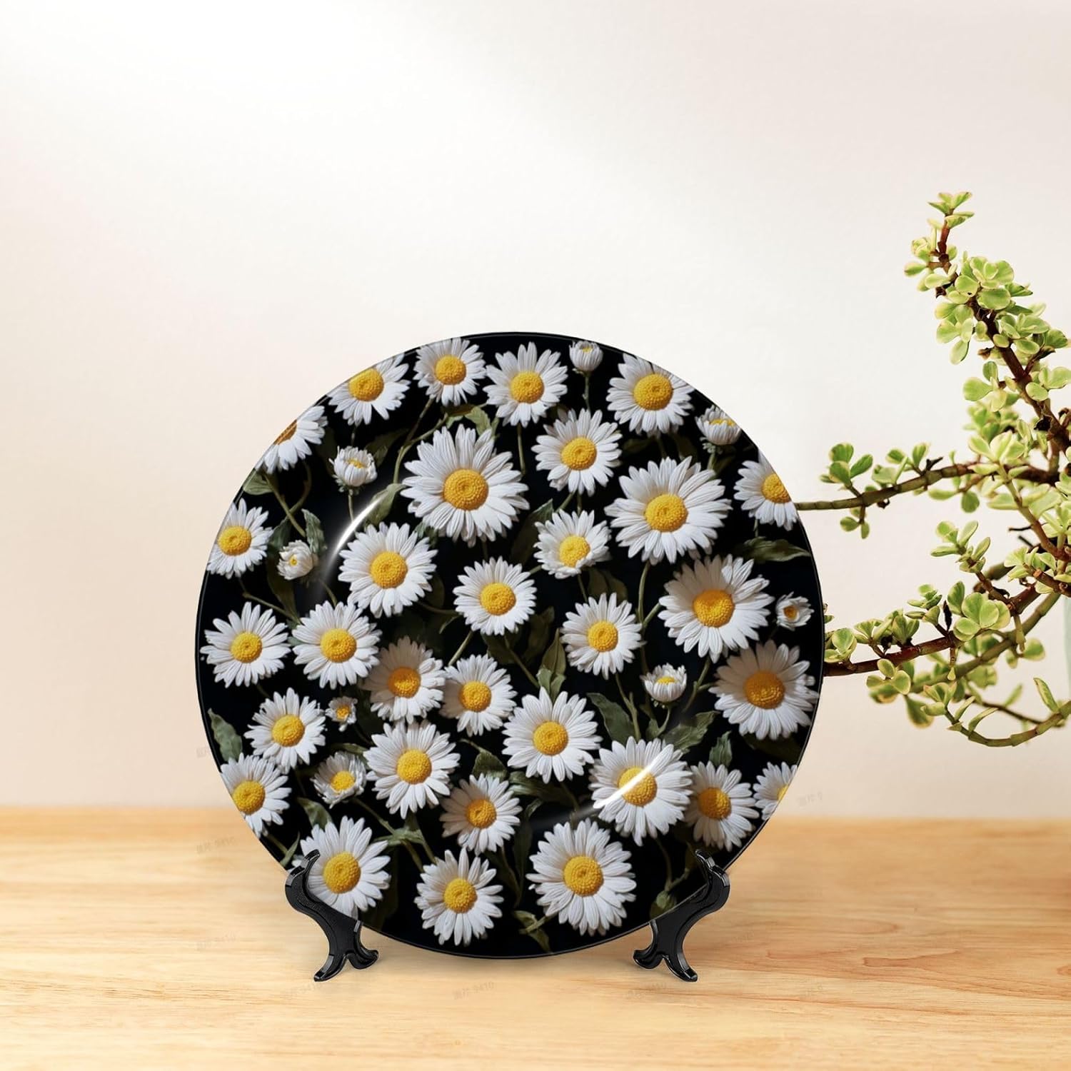 Decorative Plate 10in Bone China Dessert Plates with Display Stand Ceramic Ornament Ceramic Daisy Decorative Plates Art Crafts Porcelain Plate for Home Club Living Room