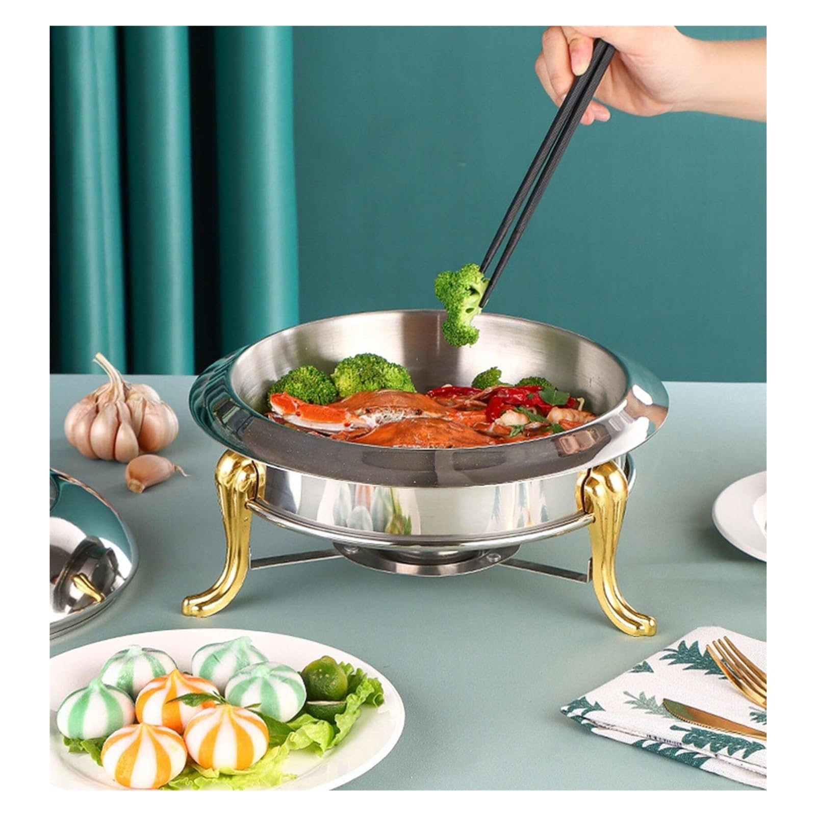 Scaldavivande Rotondo, scaldavivande Buffet Se Cucina a Buffet | Scaldavivande in acciaio inossidabile for server riscaldante for catering con coperchio(Gold,24cm)