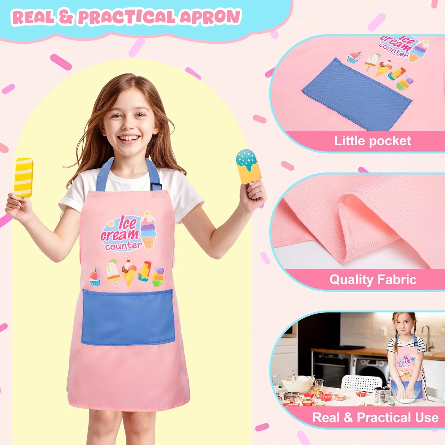 LOYO Ice Cream Toy for Kids 3-6, Wooden Ice Cream Shop Play Set with Counter, Apron, DIY Sticker, Scoop, Toy Money - Pretend Play Toys for Toddler Role Play, Christmas & Birthday Gift for Girls & Boys