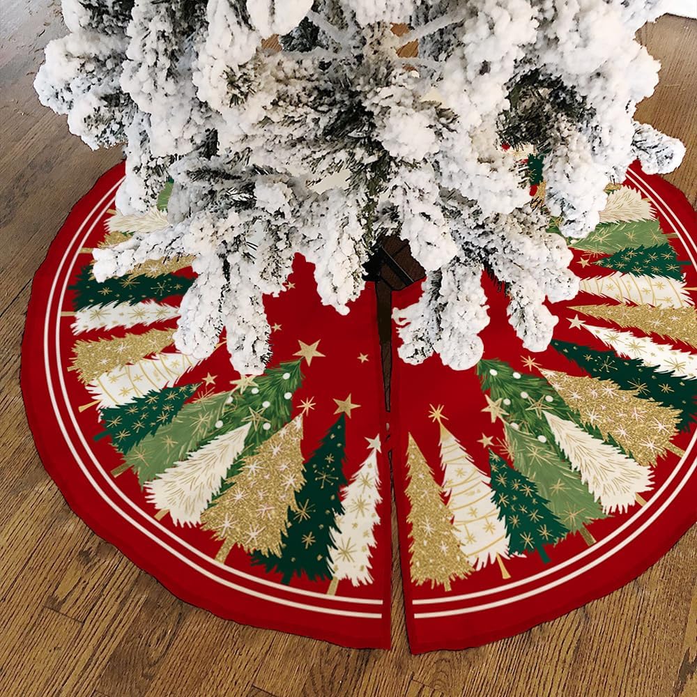 Falda Arbol Navidad de 122cm(48 Pulgadas), Cubre Pie Arbol de Navidad con Estrellas Brillantes y Patrón de árbol, Adecuado para Decoracion, Fiestas
