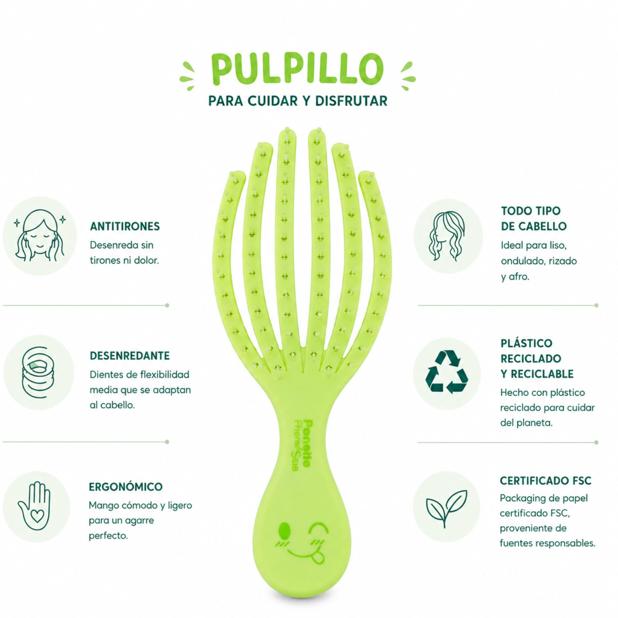 Cepillo de Pelo Desenredante Antitirones Infantil Verde Lima, Compacto, Viaje, Plástico Reciclado, Pulpillo, Divertido, Niños, Niñas, Sin Tirones, Reciclable, Marca Española