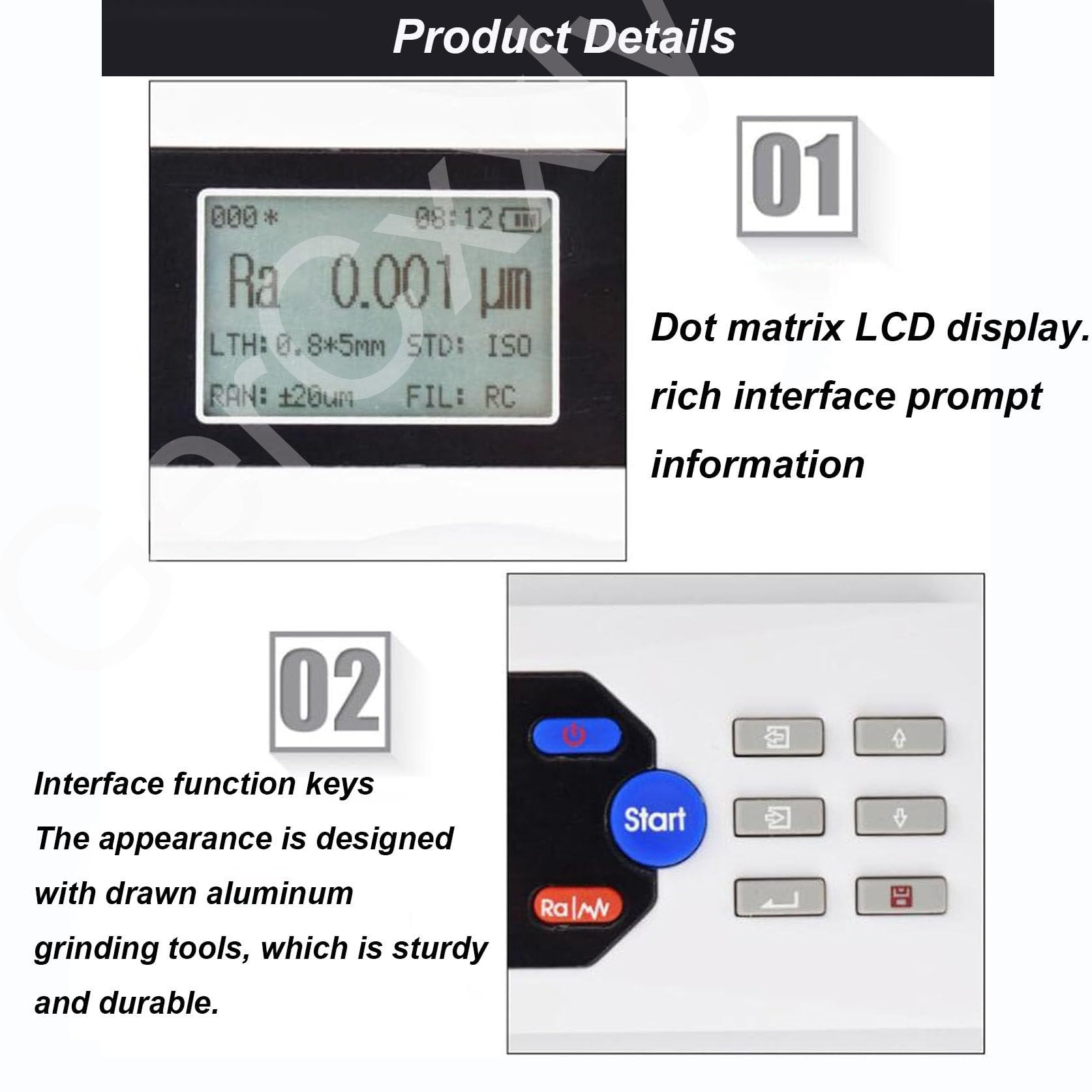 Rugosímetro Digital con Pantalla LCD y sonda de Diamante,Rango de medición: 0-160 μm,Precisión: 0,001 μm,Diversos parámetros de Prueba,para Superficies metálicas